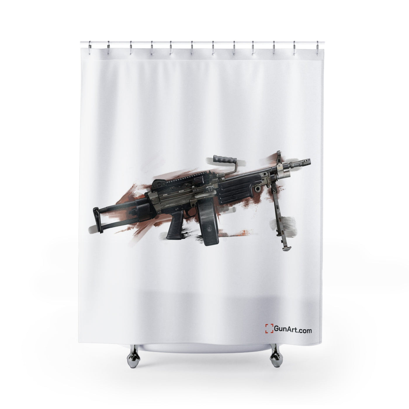Belt-Fed 5.56x45mm Light Machine Gun Shower Curtains - Red Background
