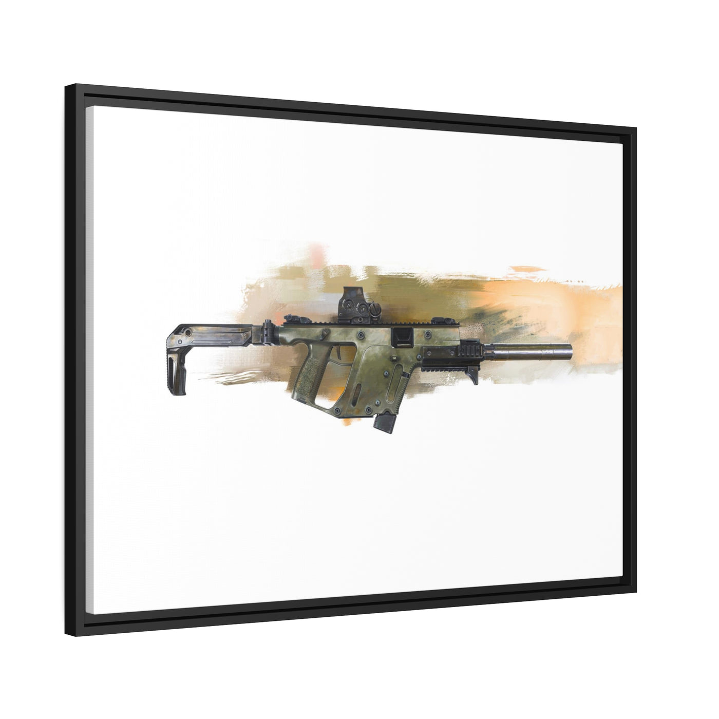 The Vindicator - Suppressed SMG Painting - Yellow Background - Black Framed Wrapped Canvas - Value Collection