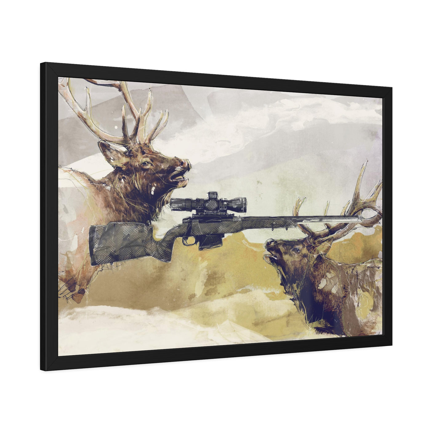 Elk Hunting Rifle Painting - Black Frame - Value Collection