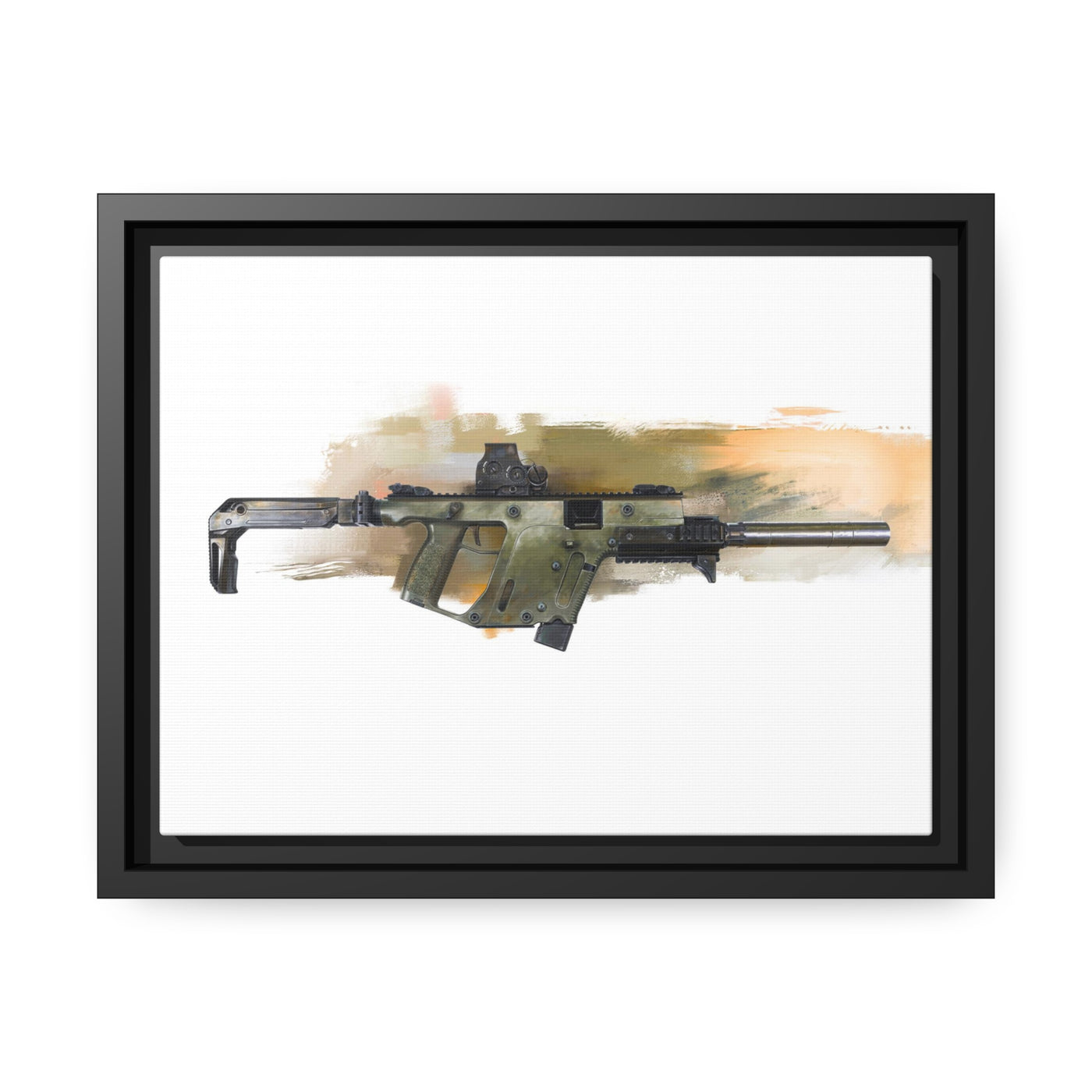 The Vindicator - Suppressed SMG Painting - Yellow Background - Black Framed Wrapped Canvas - Value Collection
