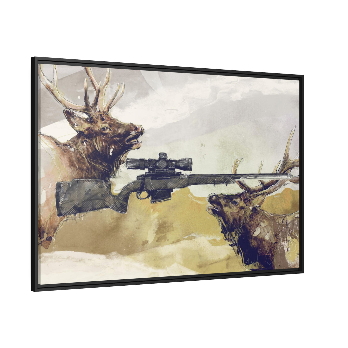 Elk Hunting Rifle Painting - Black Framed Wrapped Canvas - Value Collection