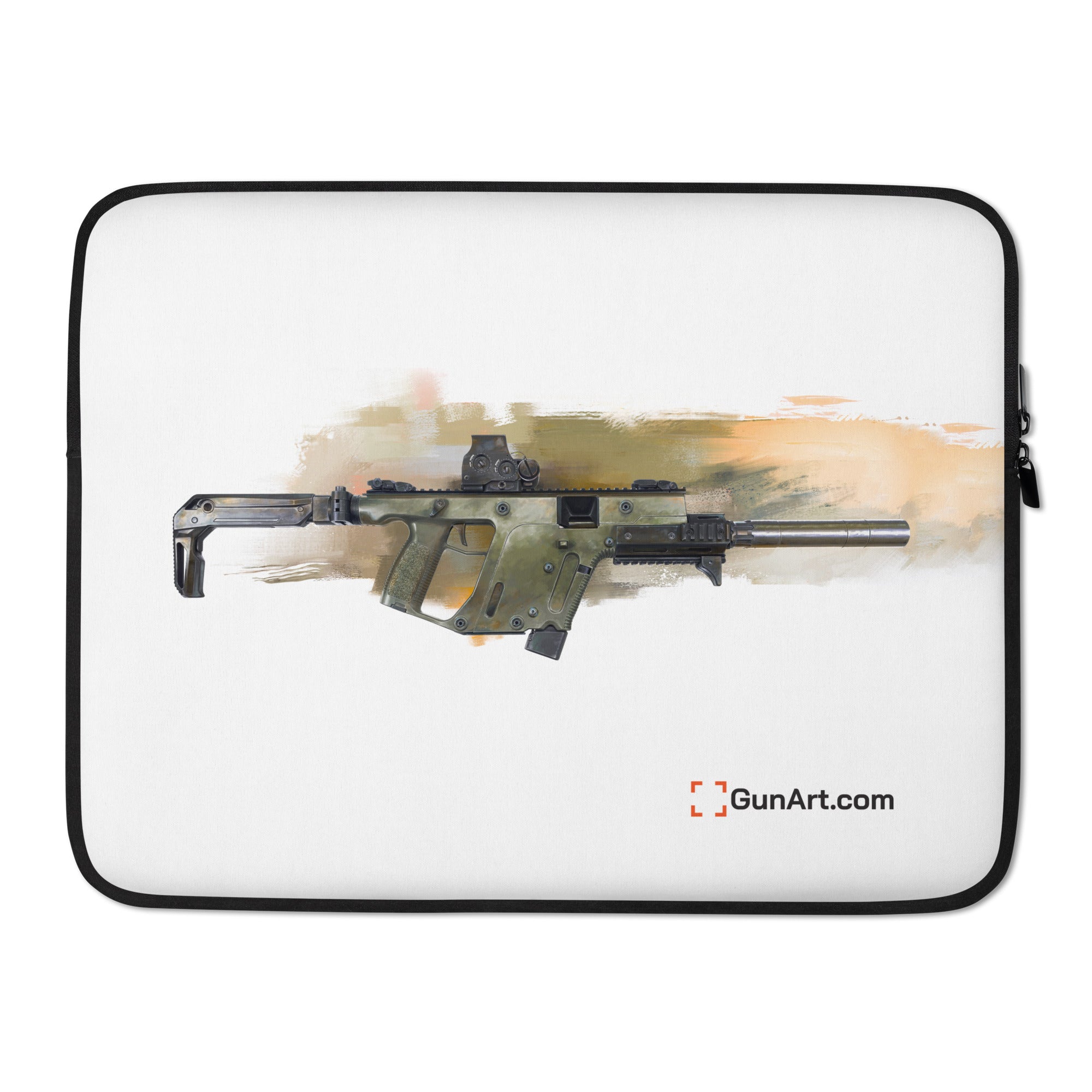 The Vindicator Suppressed SMG Laptop Sleeve Yellow Background Gun Art