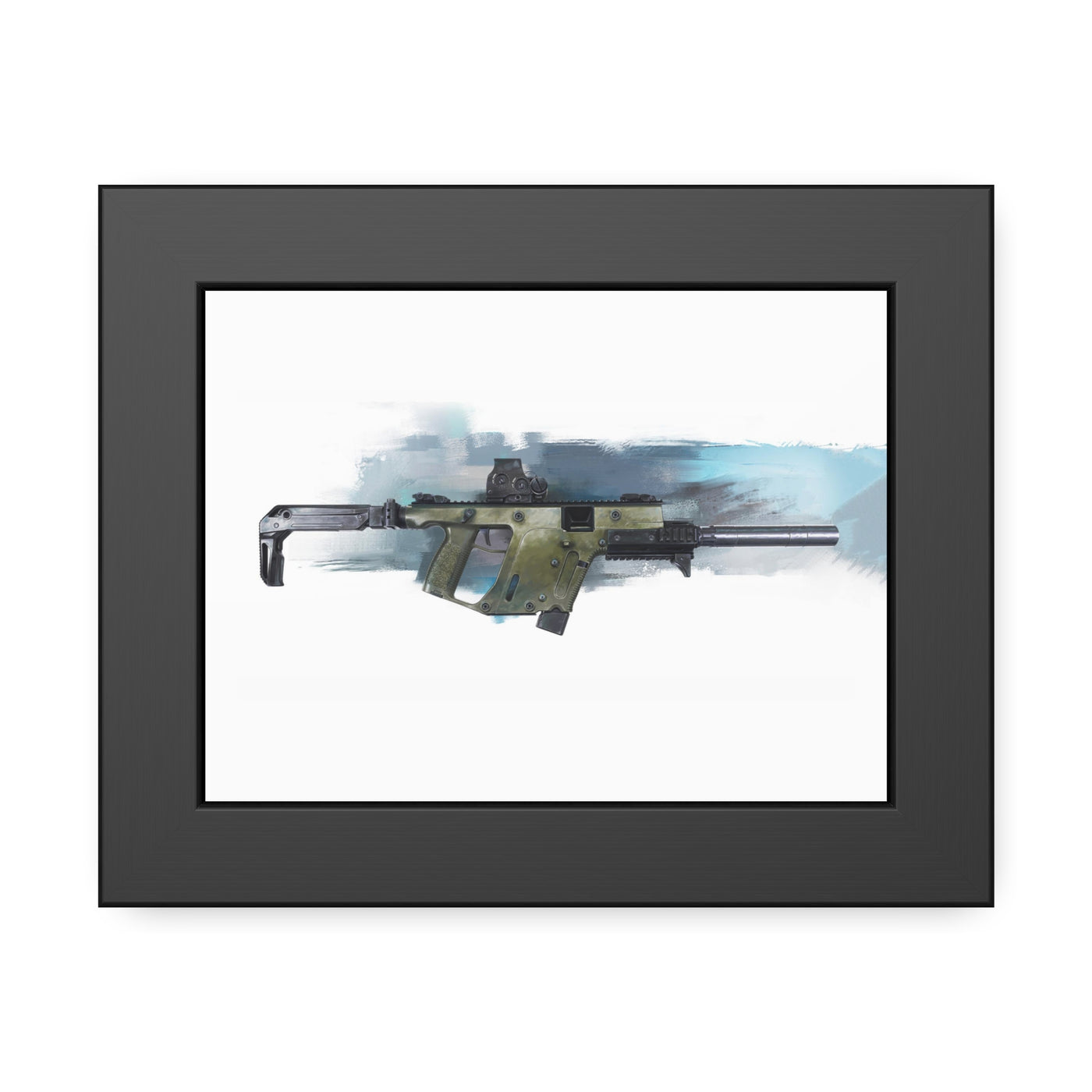 The Vindicator - Suppressed SMG Painting - Blue Background - Black Frame - Value Collection