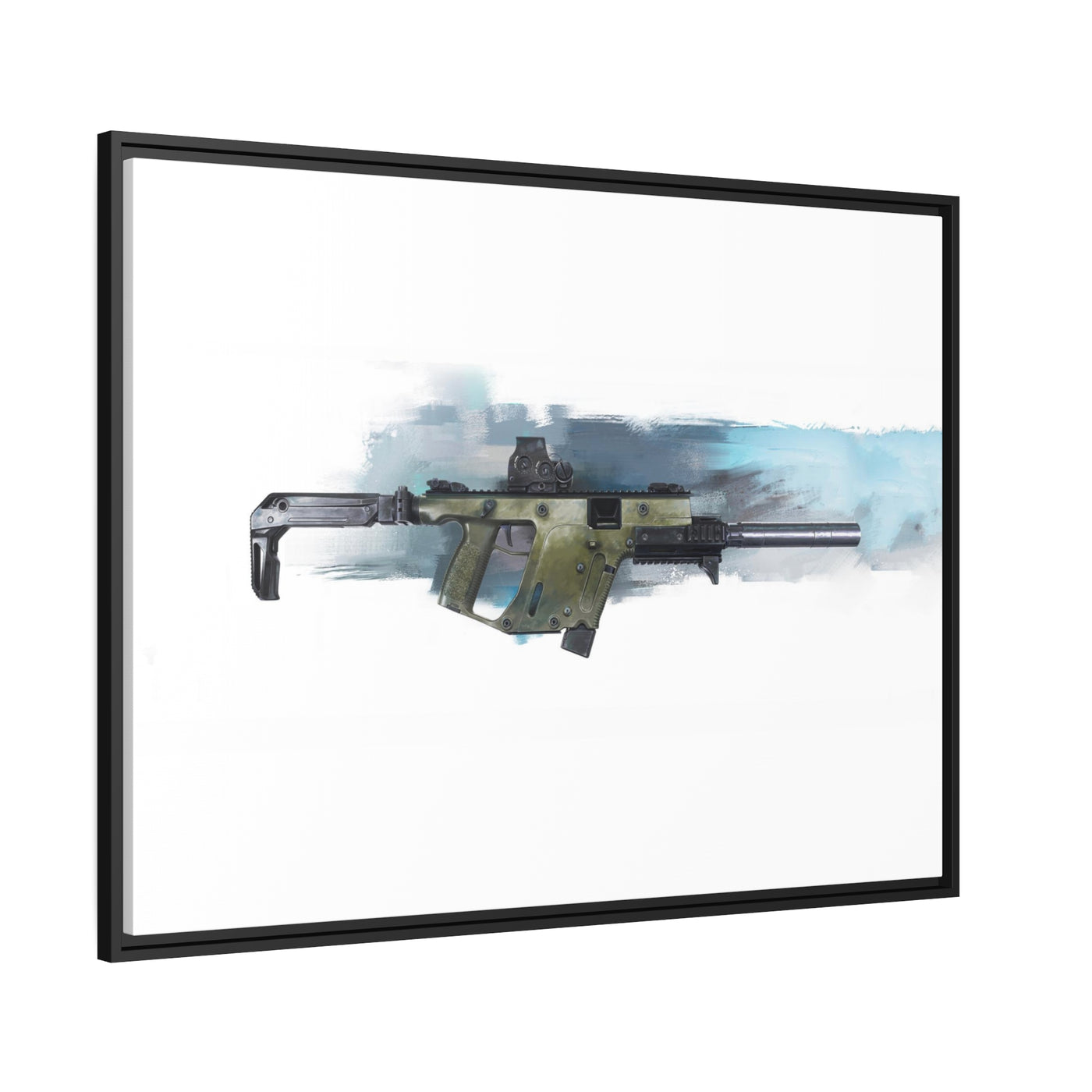 The Vindicator - Suppressed SMG Painting - Blue Background - Black Framed Wrapped Canvas - Value Collection