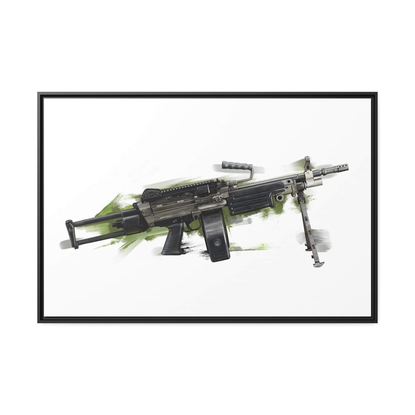 Belt-Fed 5.56x45mm Light Machine Gun Painting - Green Background - Black Framed Wrapped Canvas - Value Collection