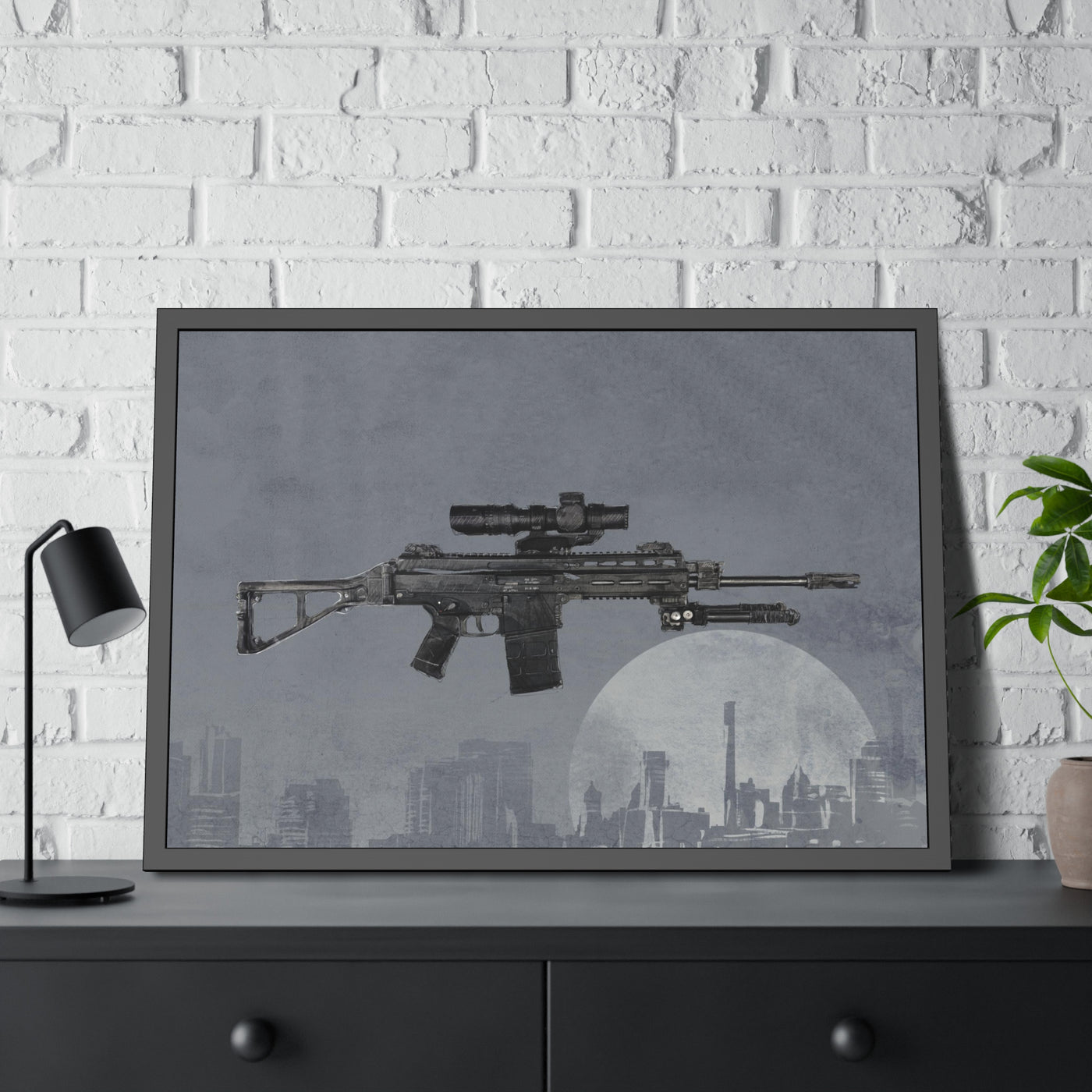 The Urban Sniper Painting - Grey Background - Black Frame - Value Collection