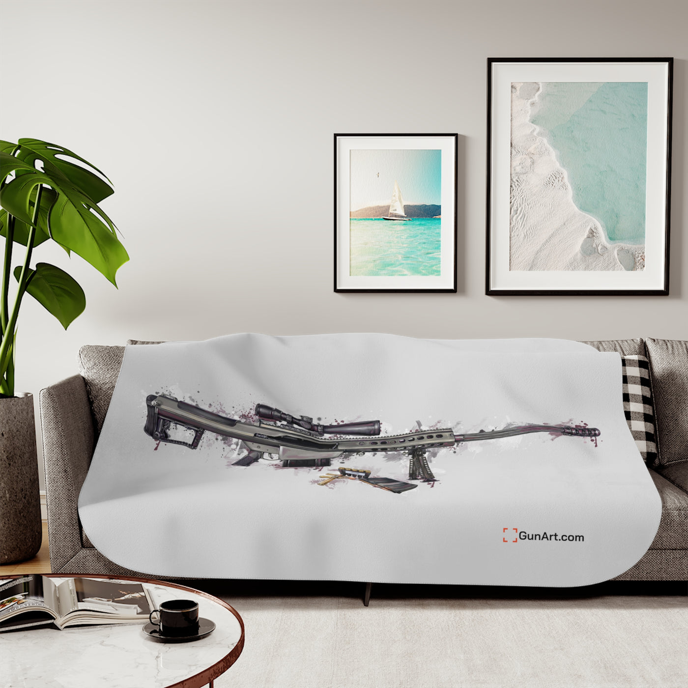 The Long-Range Legend - .50 Cal BMG Rifle Sherpa Blanket - Purple Background