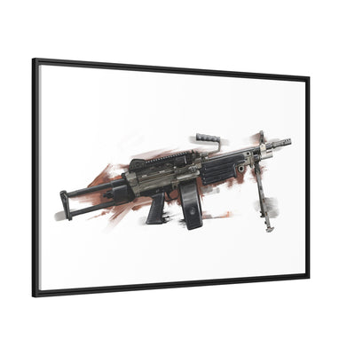 Belt-Fed 5.56x45mm Light Machine Gun Painting - Red Background - Black Framed Wrapped Canvas - Value Collection