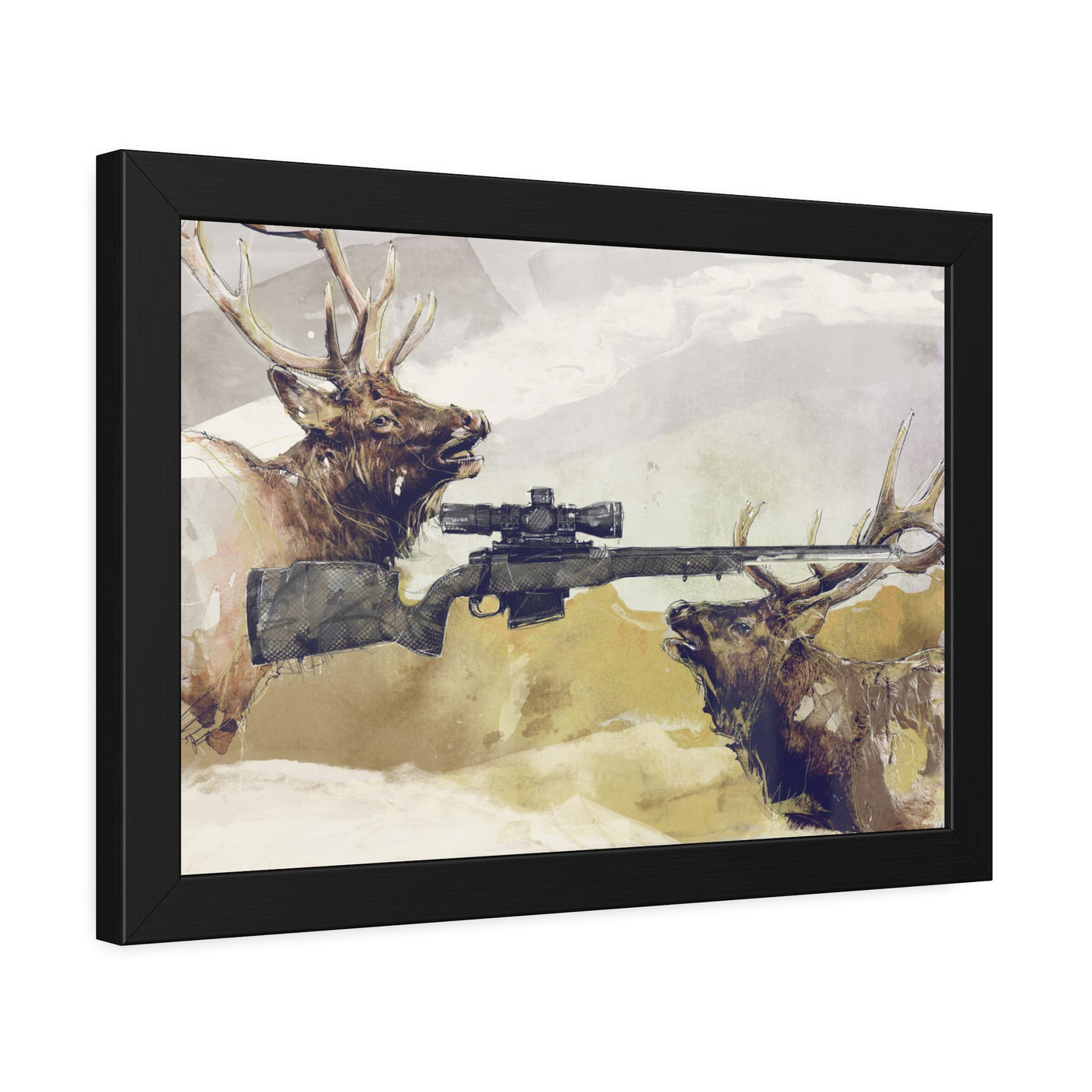 Elk Hunting Rifle Painting - Black Frame - Value Collection