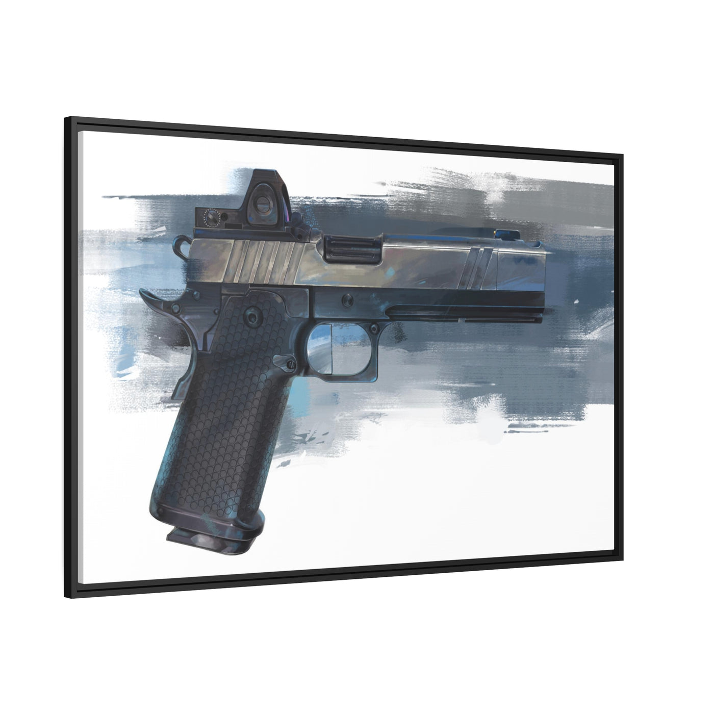 2011 Charlie - Pistol Painting - Blue Background - Black Framed Wrapped Canvas - Value Collection