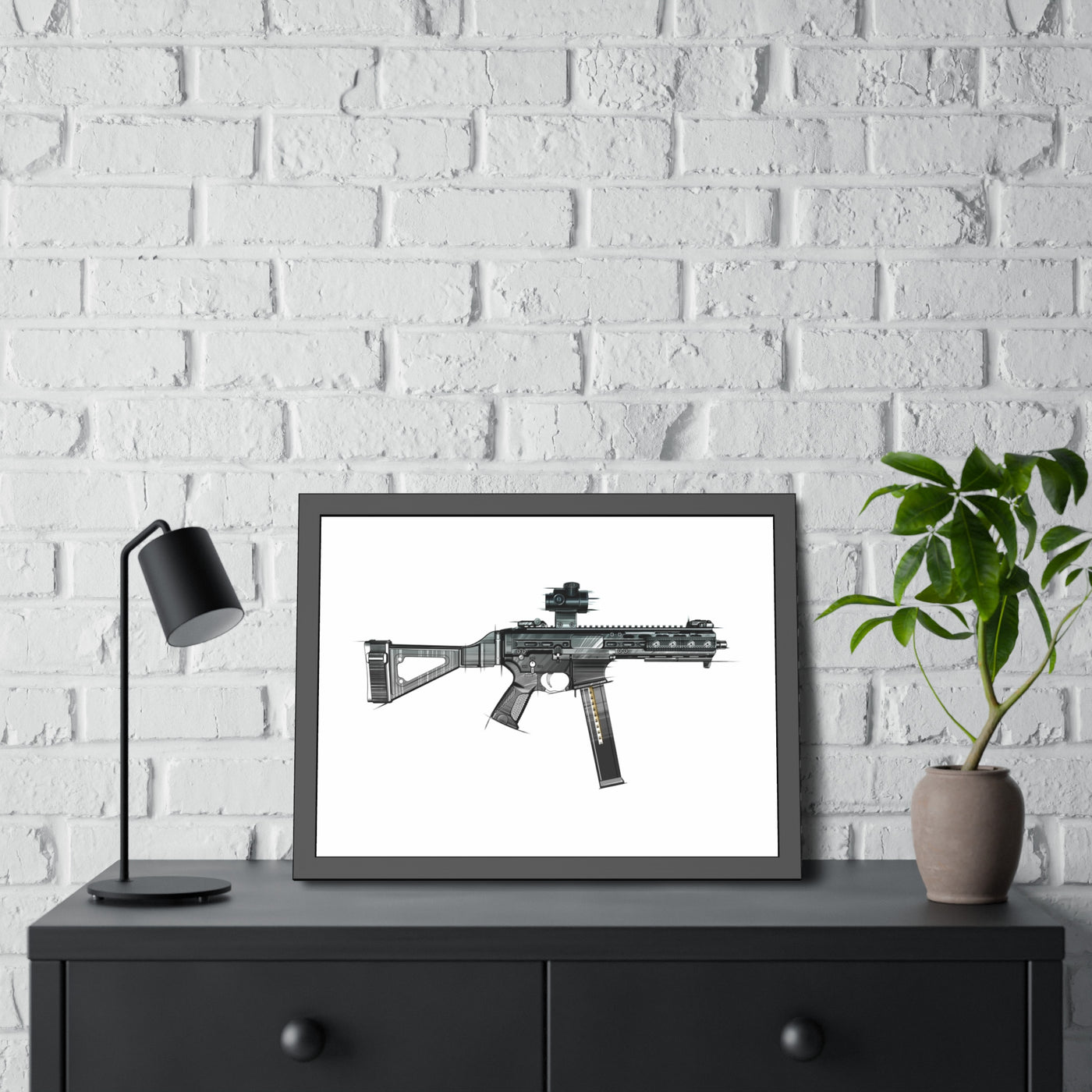 .45 Cal SMG Painting - Just The Piece - Black Frame - Value Collection