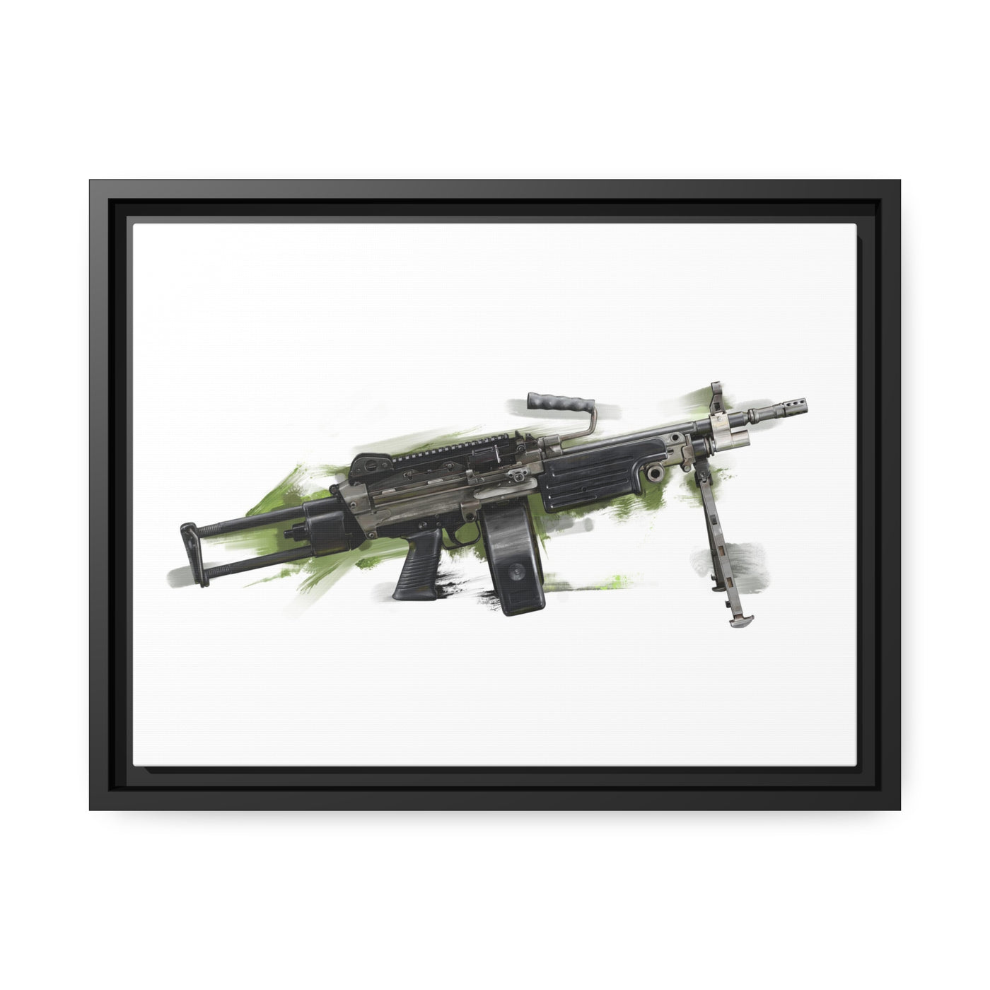 Belt-Fed 5.56x45mm Light Machine Gun Painting - Green Background - Black Framed Wrapped Canvas - Value Collection