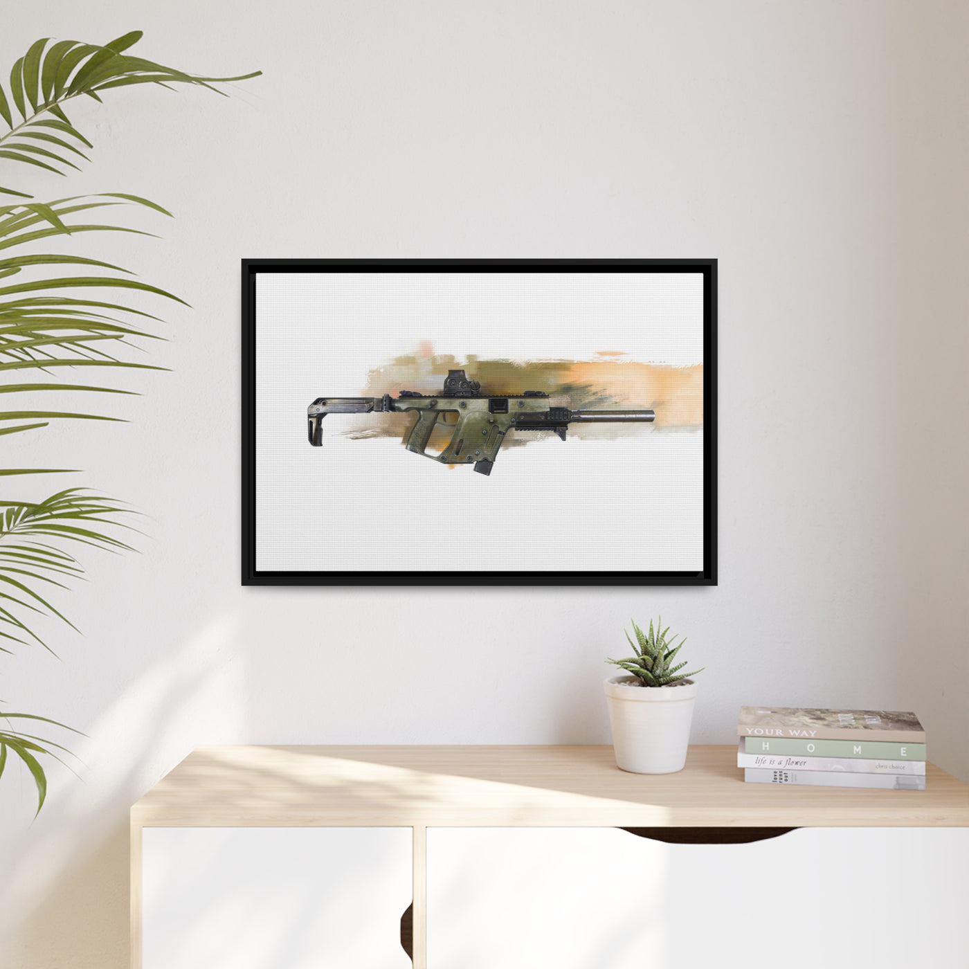 The Vindicator - Suppressed SMG Painting - Yellow Background - Black Framed Wrapped Canvas - Value Collection