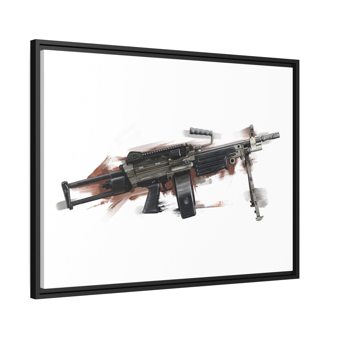 Belt-Fed 5.56x45mm Light Machine Gun Painting - Red Background - Black Framed Wrapped Canvas - Value Collection