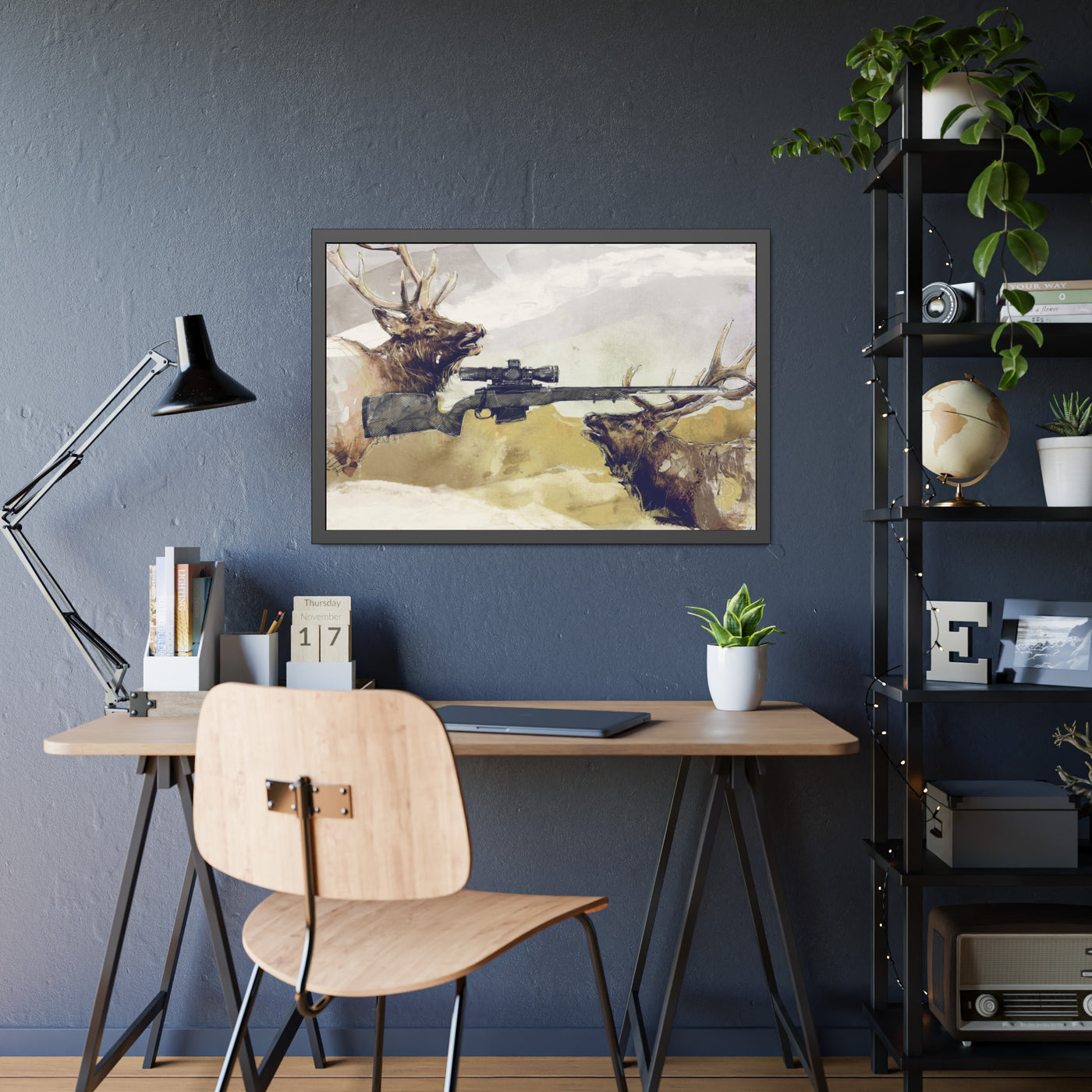 Elk Hunting Rifle Painting - Black Frame - Value Collection