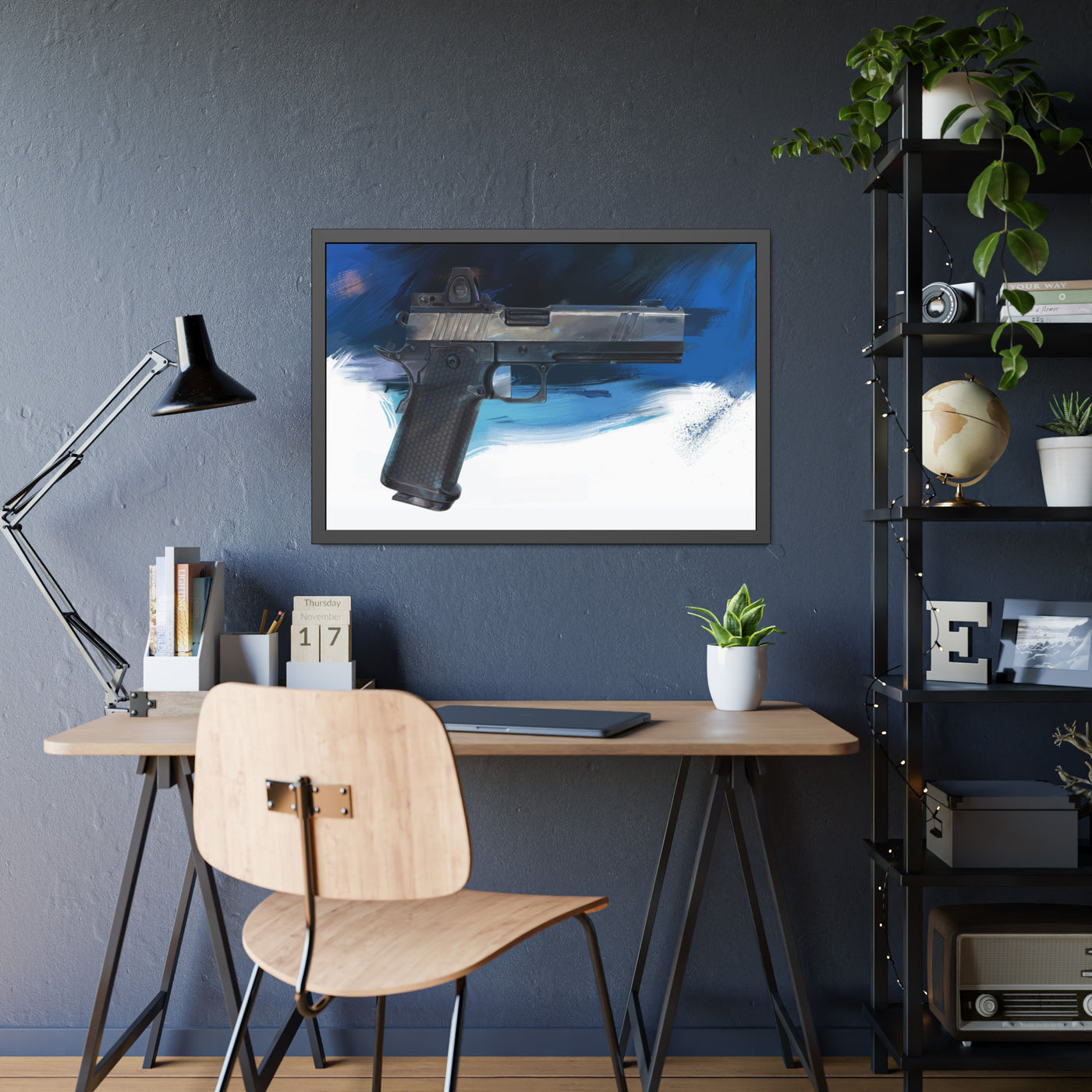 2011 Charlie - Pistol Painting - Dark Blue Background - Black Frame - Value Collection