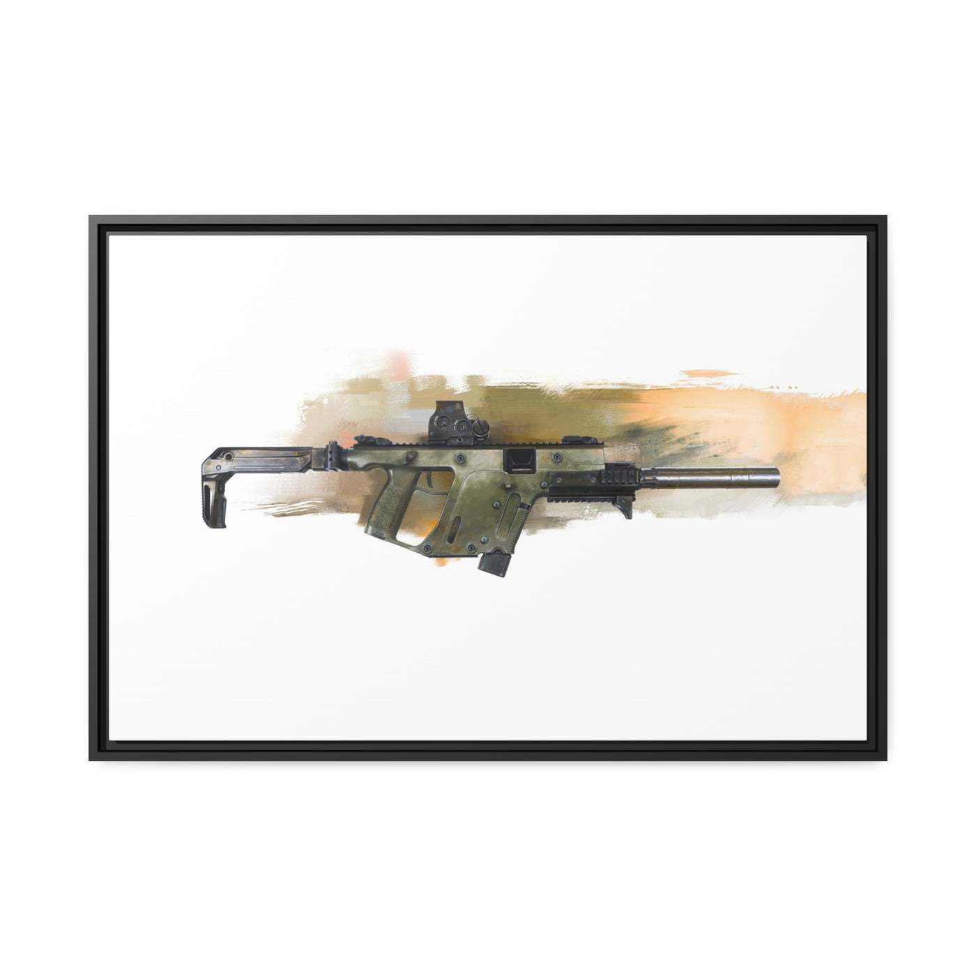 The Vindicator - Suppressed SMG Painting - Yellow Background - Black Framed Wrapped Canvas - Value Collection