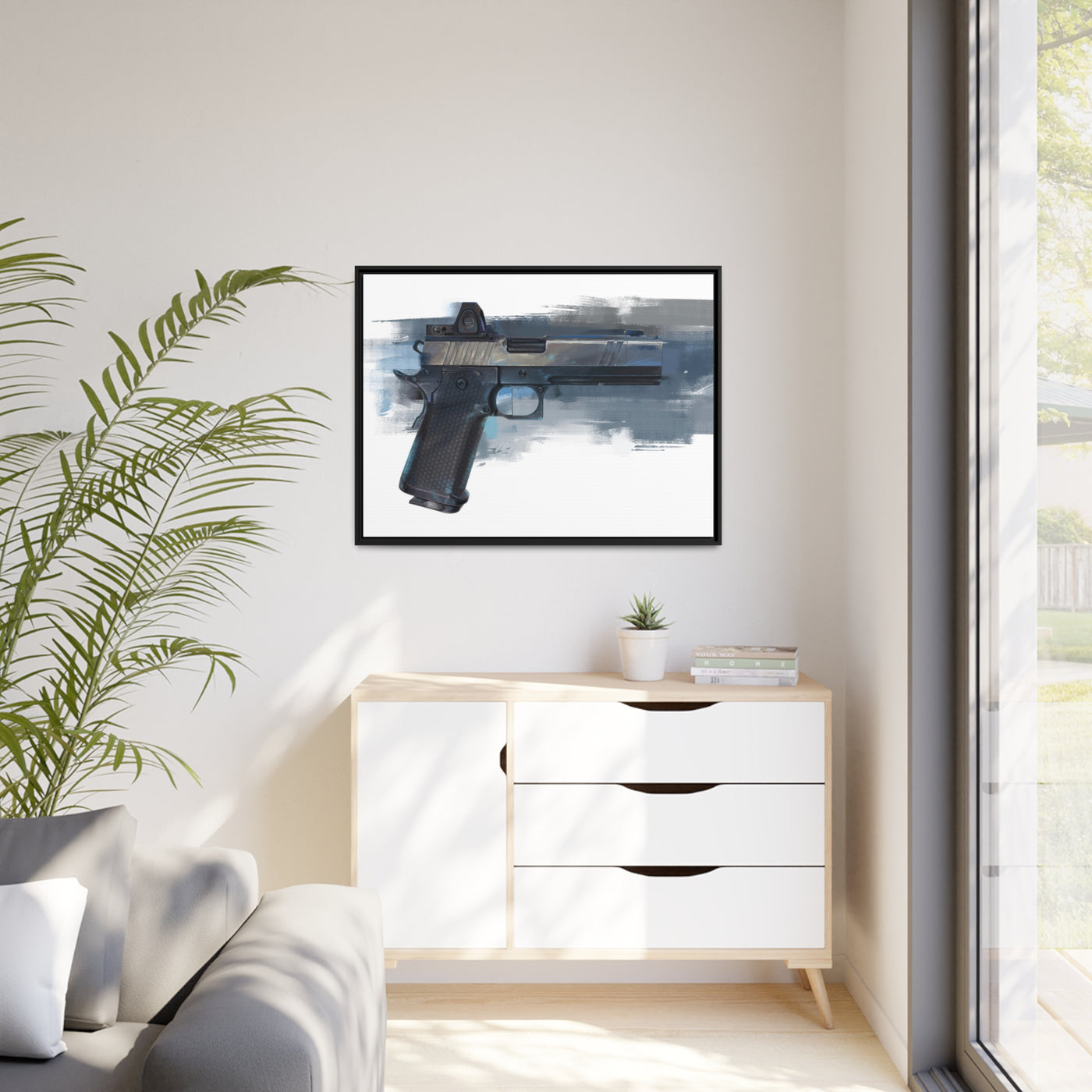 2011 Charlie - Pistol Painting - Blue Background - Black Framed Wrapped Canvas - Value Collection