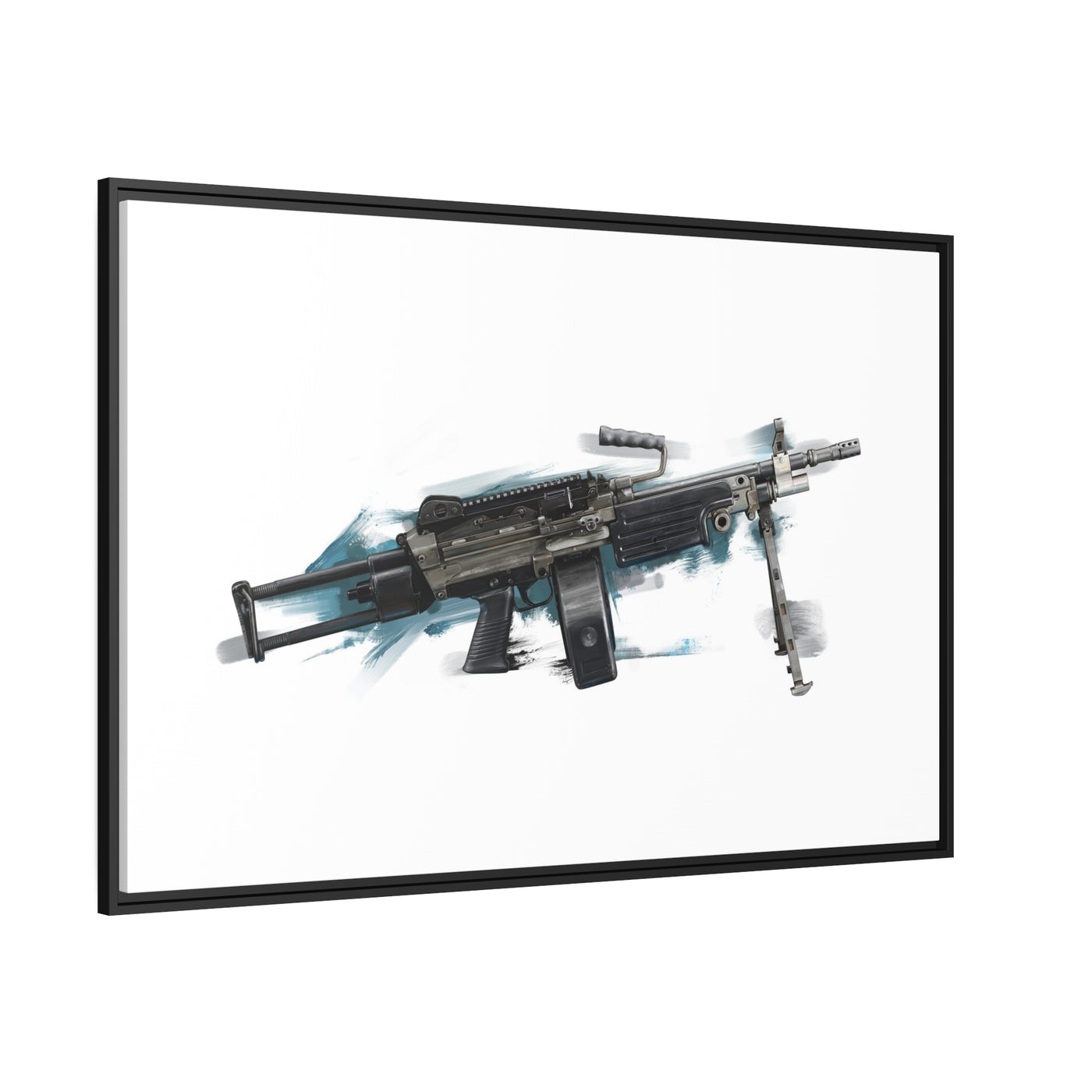 Belt-Fed 5.56x45mm Light Machine Gun Painting - Blue Background - Black Framed Wrapped Canvas - Value Collection