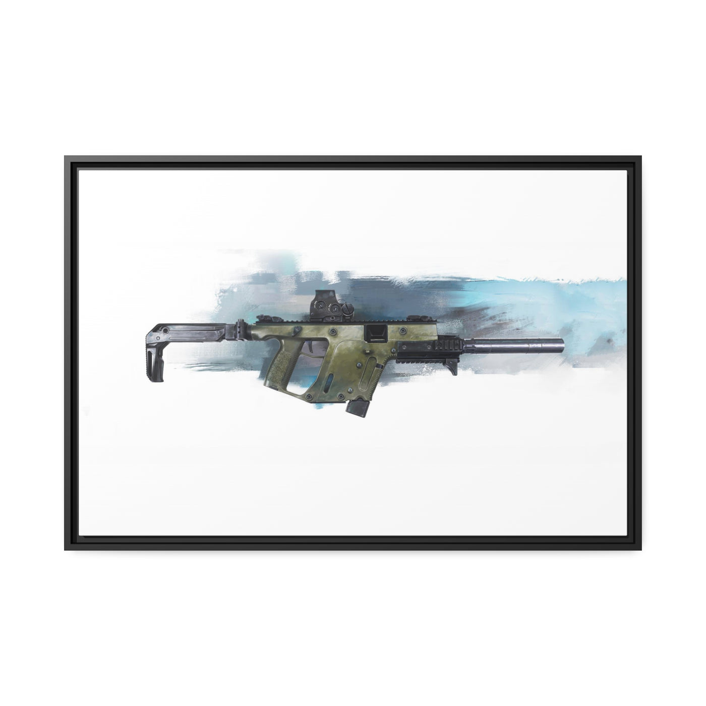 The Vindicator - Suppressed SMG Painting - Blue Background - Black Framed Wrapped Canvas - Value Collection