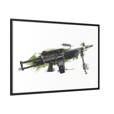 Belt-Fed 5.56x45mm Light Machine Gun Painting - Green Background - Black Framed Wrapped Canvas - Value Collection