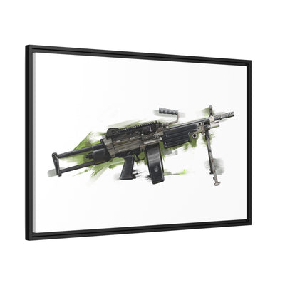 Belt-Fed 5.56x45mm Light Machine Gun Painting - Green Background - Black Framed Wrapped Canvas - Value Collection