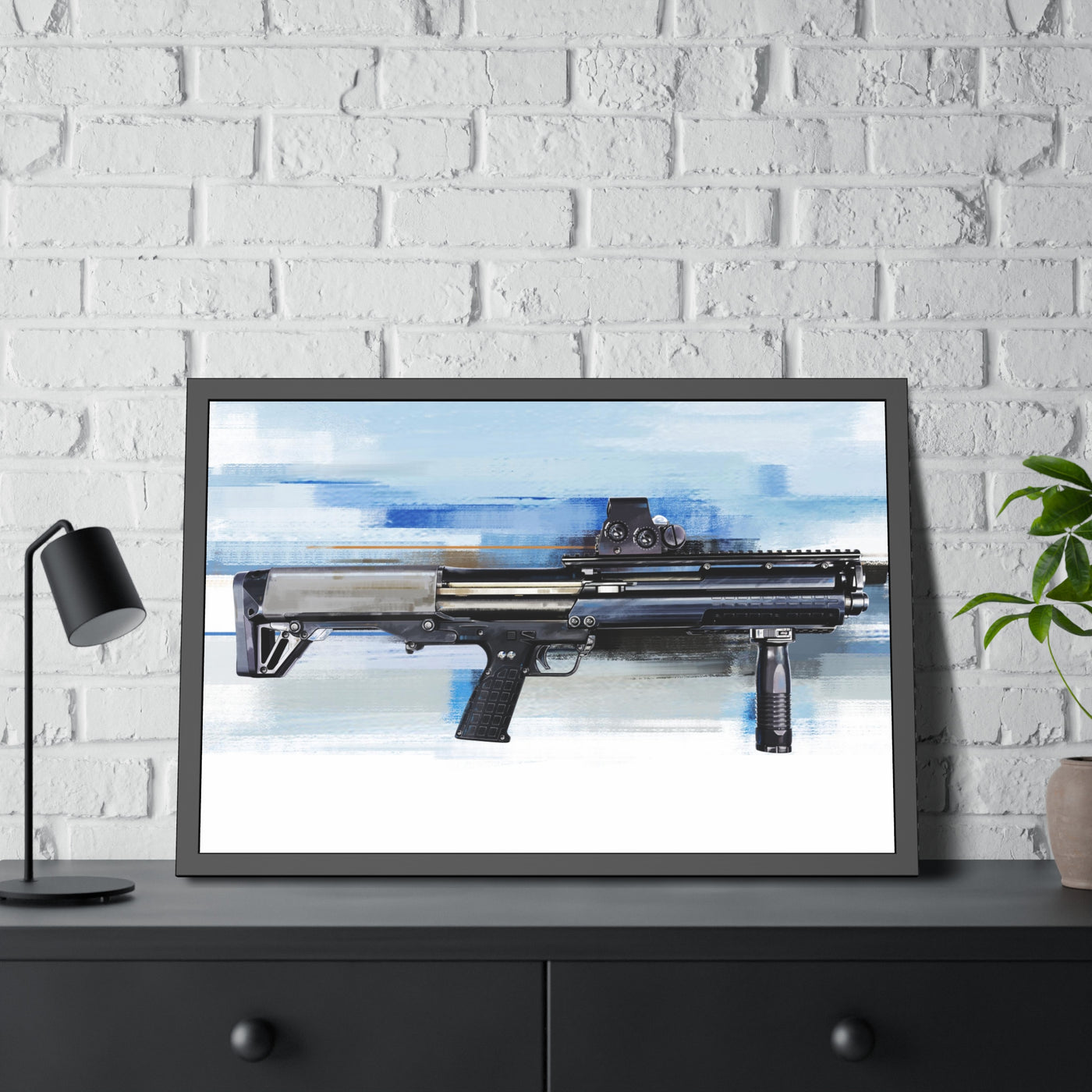 Tactical Bullpup Shotgun Painting - Blue Background - Black Frame - Value Collection