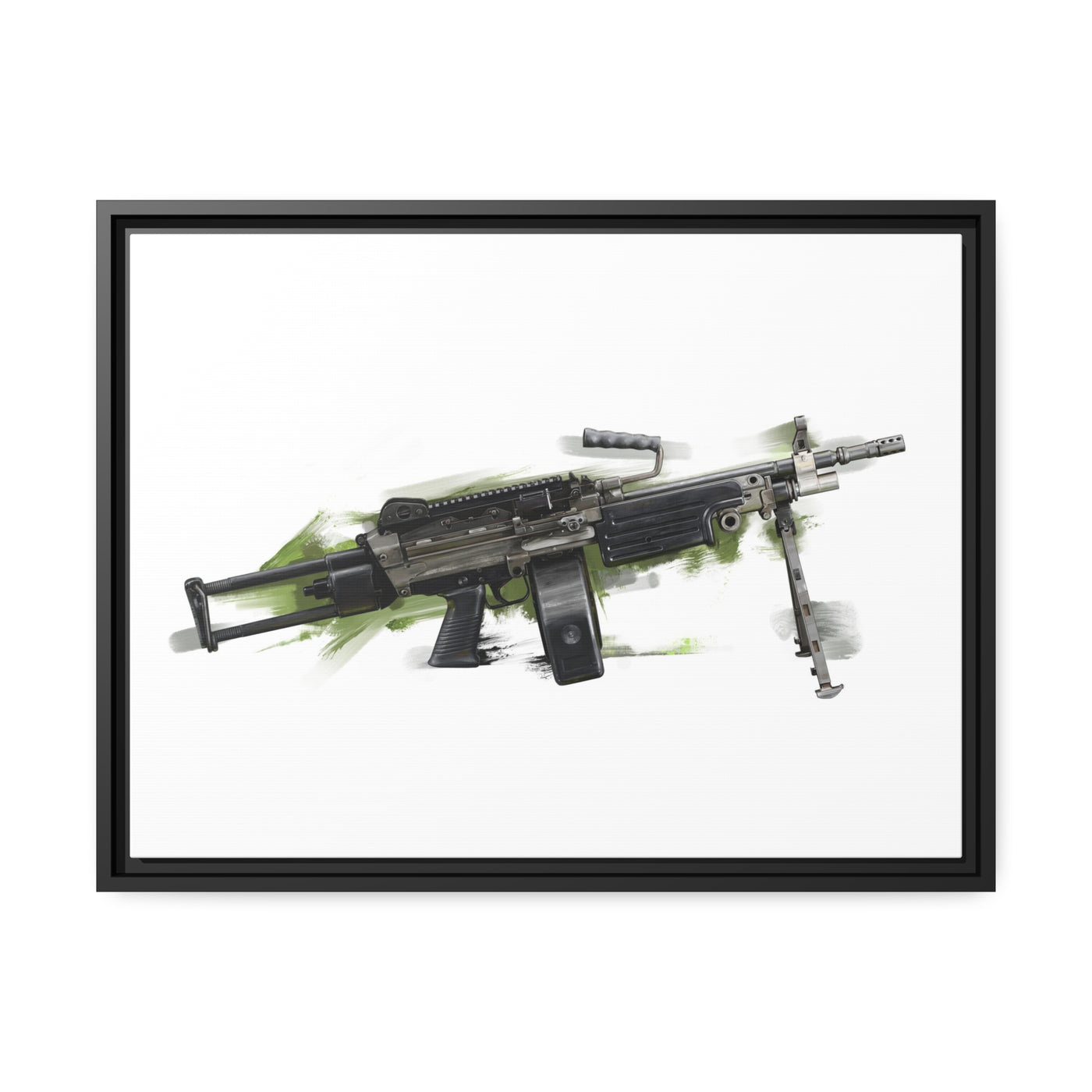 Belt-Fed 5.56x45mm Light Machine Gun Painting - Green Background - Black Framed Wrapped Canvas - Value Collection