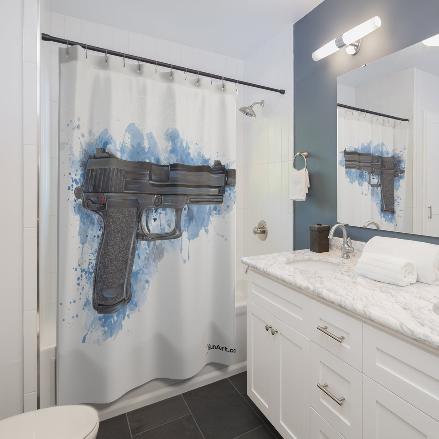 Tactical .45 ACP Poly Pistol Shower Curtains - White Background