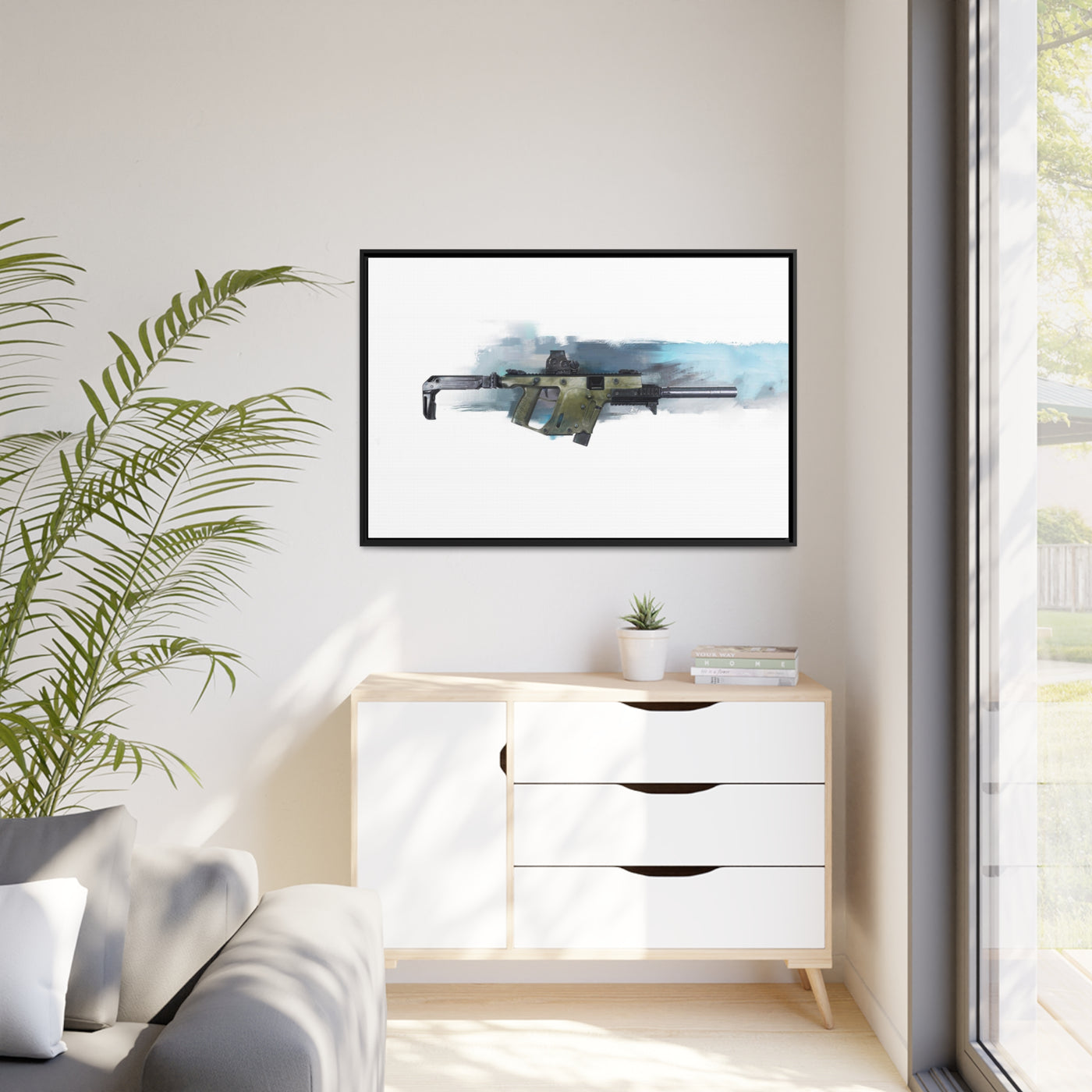 The Vindicator - Suppressed SMG Painting - Blue Background - Black Framed Wrapped Canvas - Value Collection