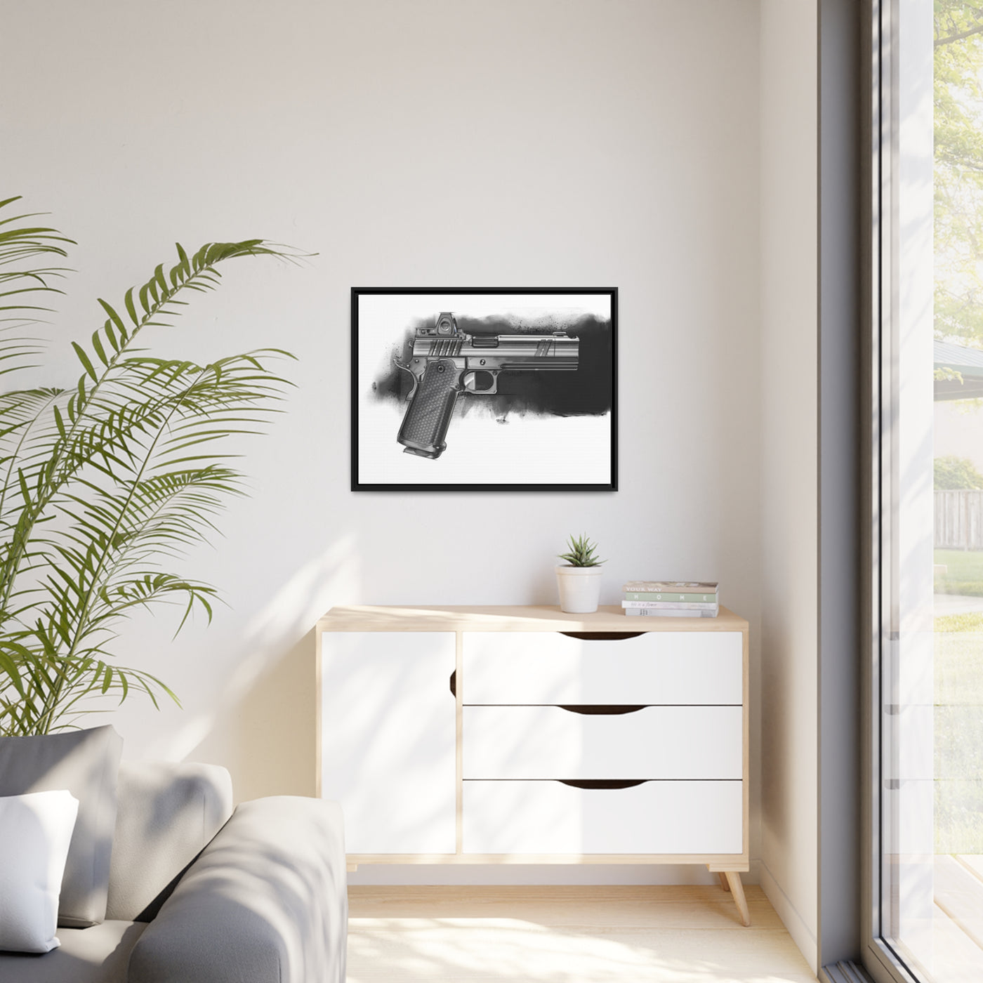 2011 Black & White Pistol Painting - Black Framed Wrapped Canvas - Value Collection