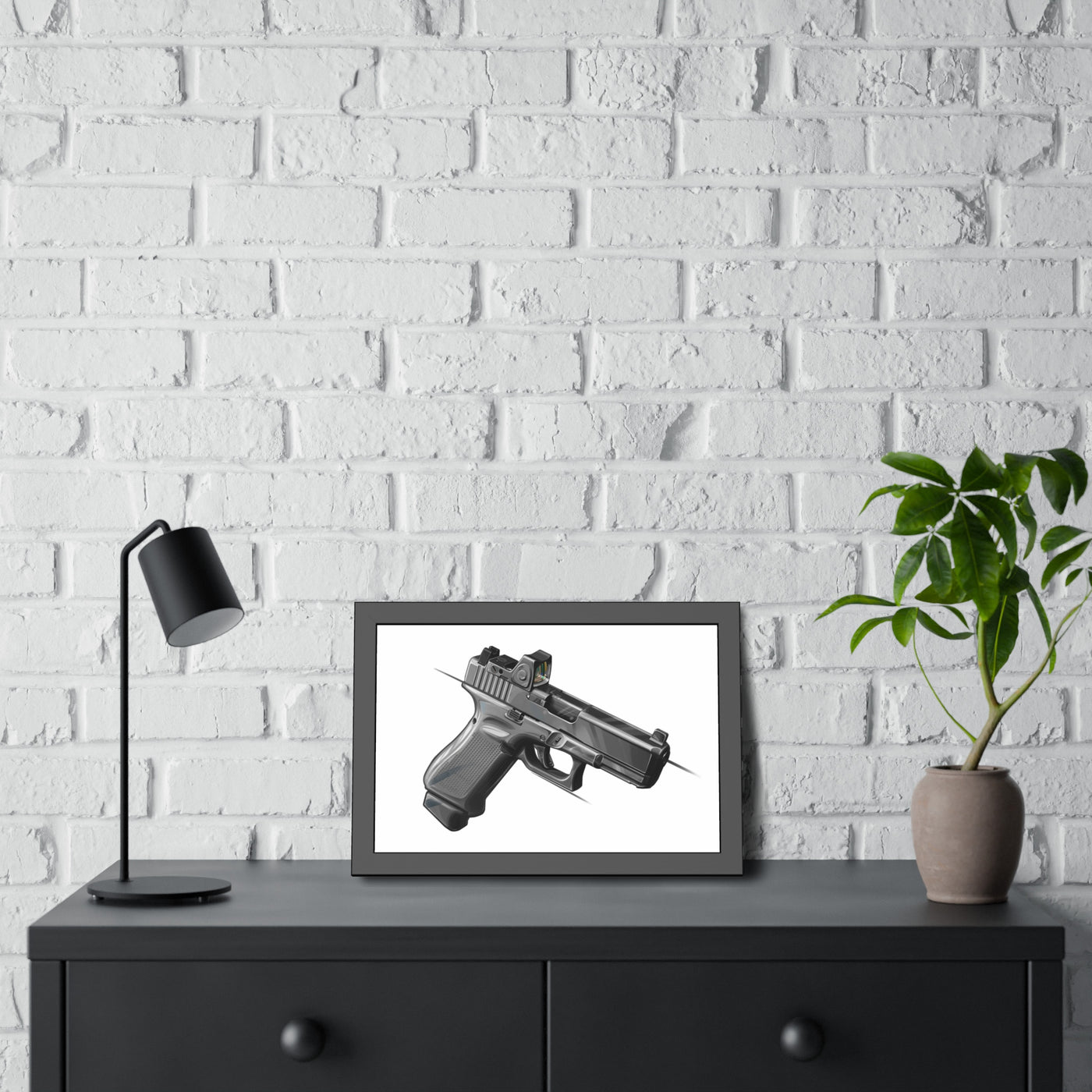 The Last Resort - OG Grey Poly Pistol Painting - Just The Piece - Black Frame - Value Collection