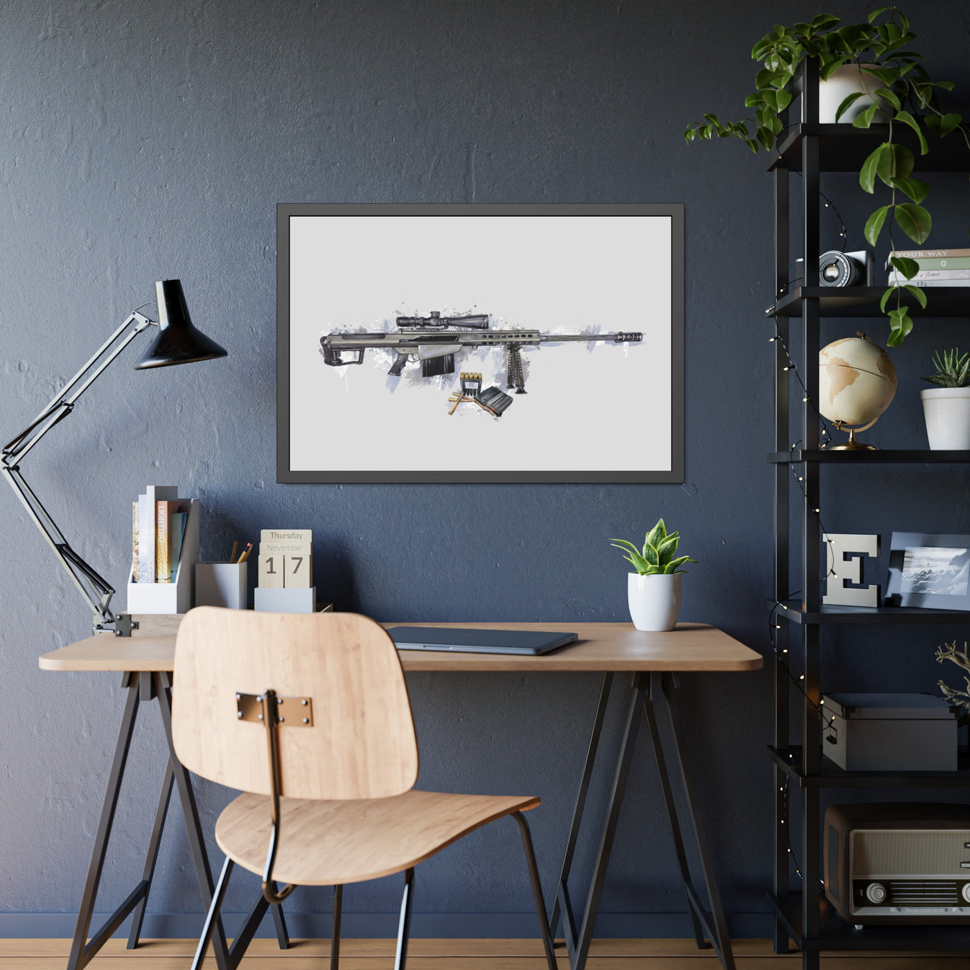 The Long-Range Legend - .50 Cal BMG Rifle Painting - Blue Accents - Black Frame - Value Collection