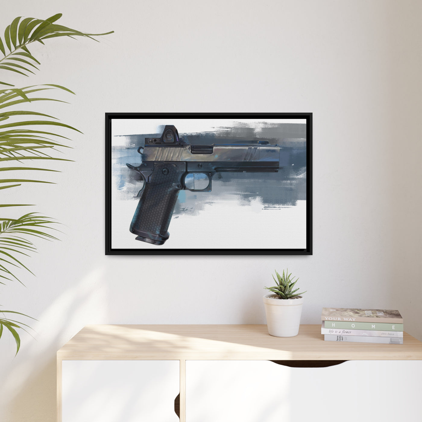 2011 Charlie - Pistol Painting - Blue Background - Black Framed Wrapped Canvas - Value Collection