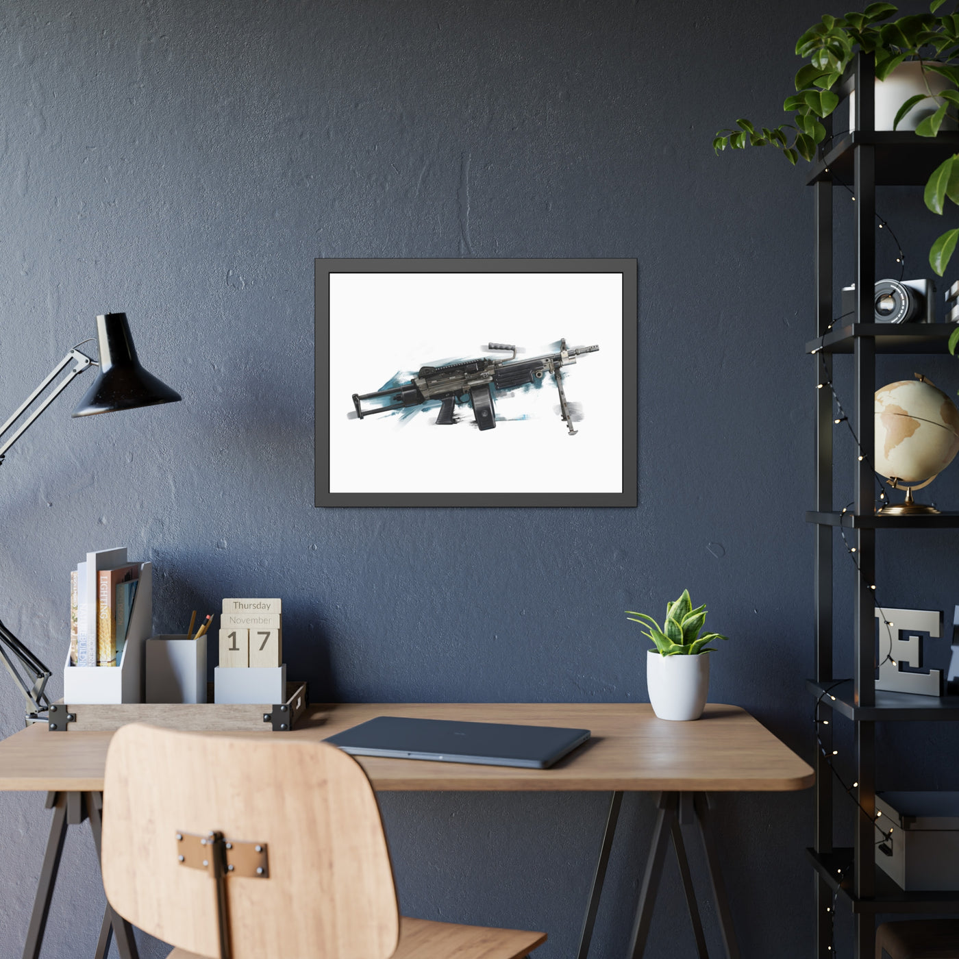 Belt-Fed 5.56x45mm Light Machine Gun Painting - Blue Background - Black Frame - Value Collection
