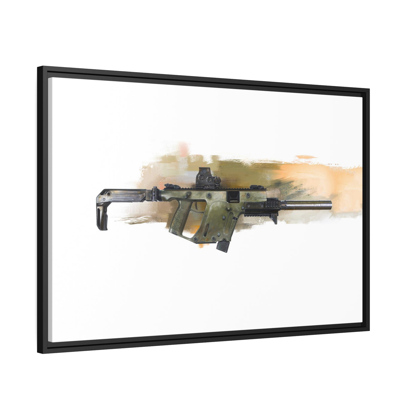 The Vindicator - Suppressed SMG Painting - Yellow Background - Black Framed Wrapped Canvas - Value Collection