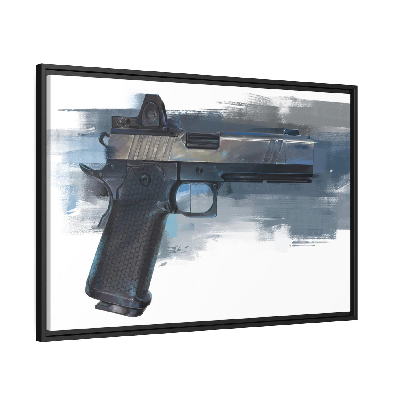 2011 Charlie - Pistol Painting - Blue Background - Black Framed Wrapped Canvas - Value Collection