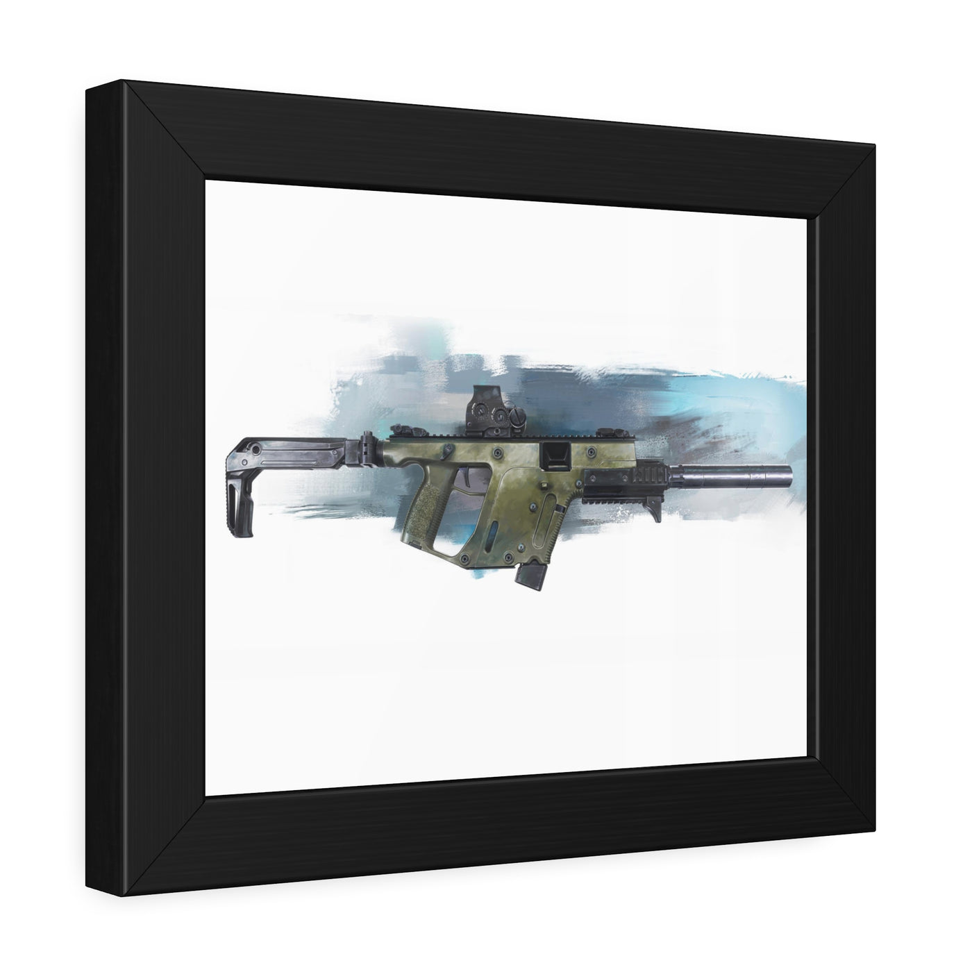 The Vindicator - Suppressed SMG Painting - Blue Background - Black Frame - Value Collection