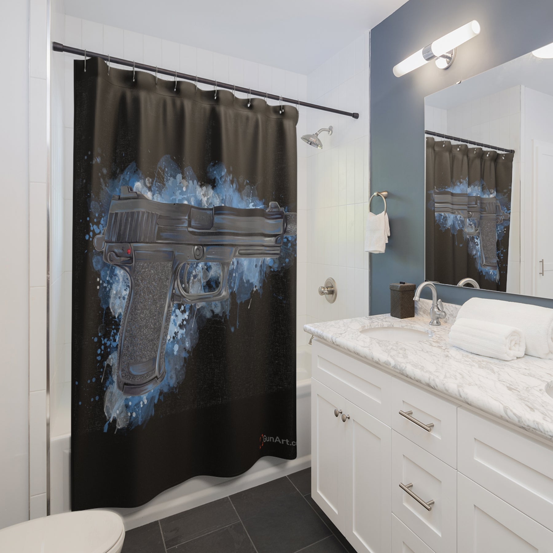 Tactical .45 ACP Poly Pistol Shower Curtains - Black Background – Gun Art