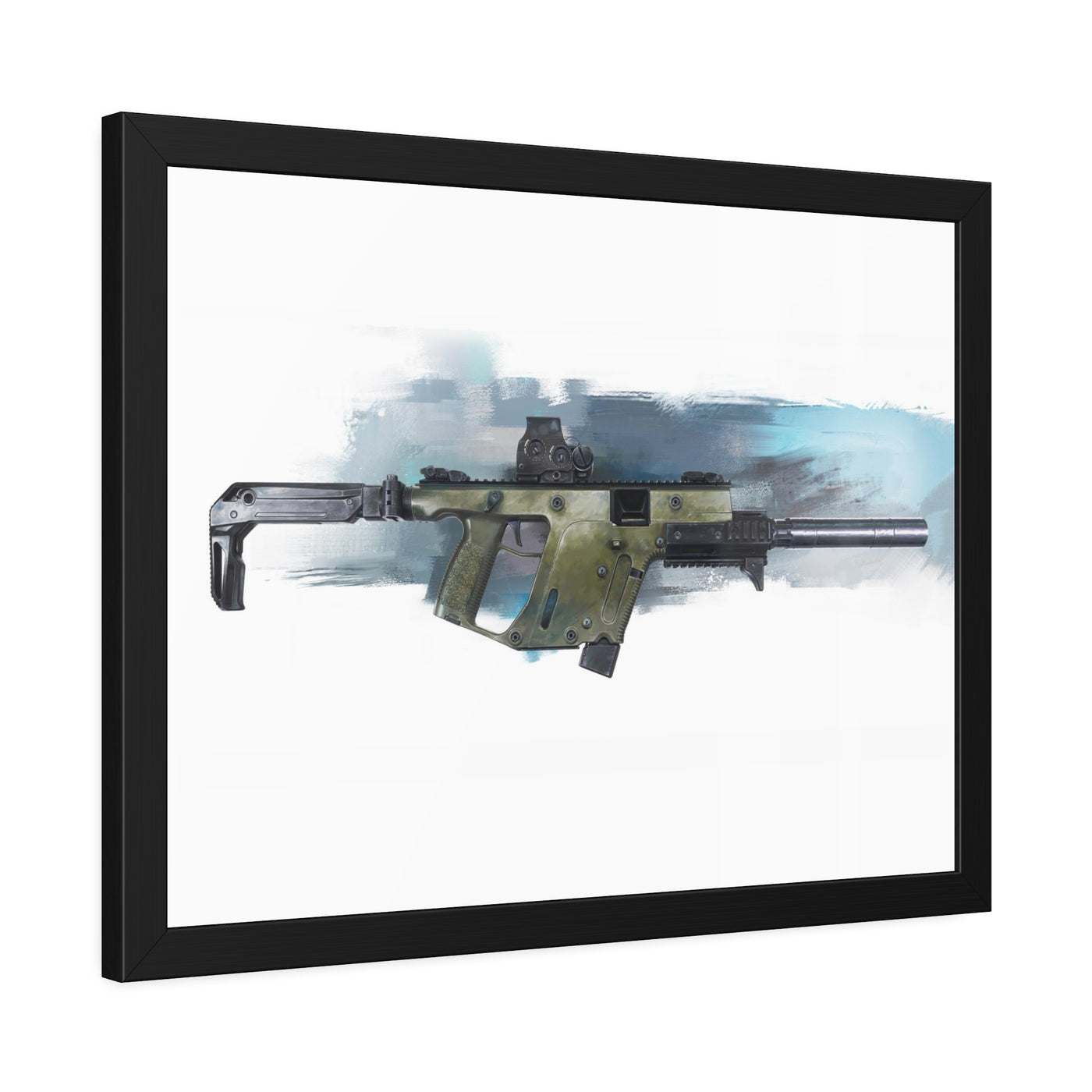 The Vindicator - Suppressed SMG Painting - Blue Background - Black Frame - Value Collection