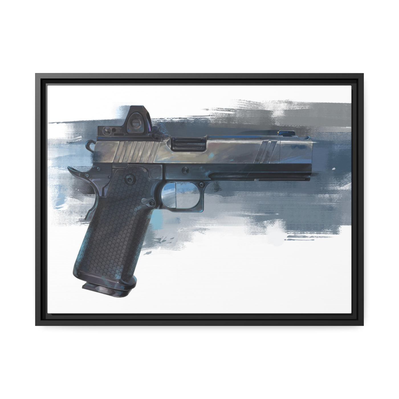 2011 Charlie - Pistol Painting - Blue Background - Black Framed Wrapped Canvas - Value Collection