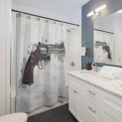 Wood & Stainless .357 Magnum Revolver Shower Curtains - Grey Background