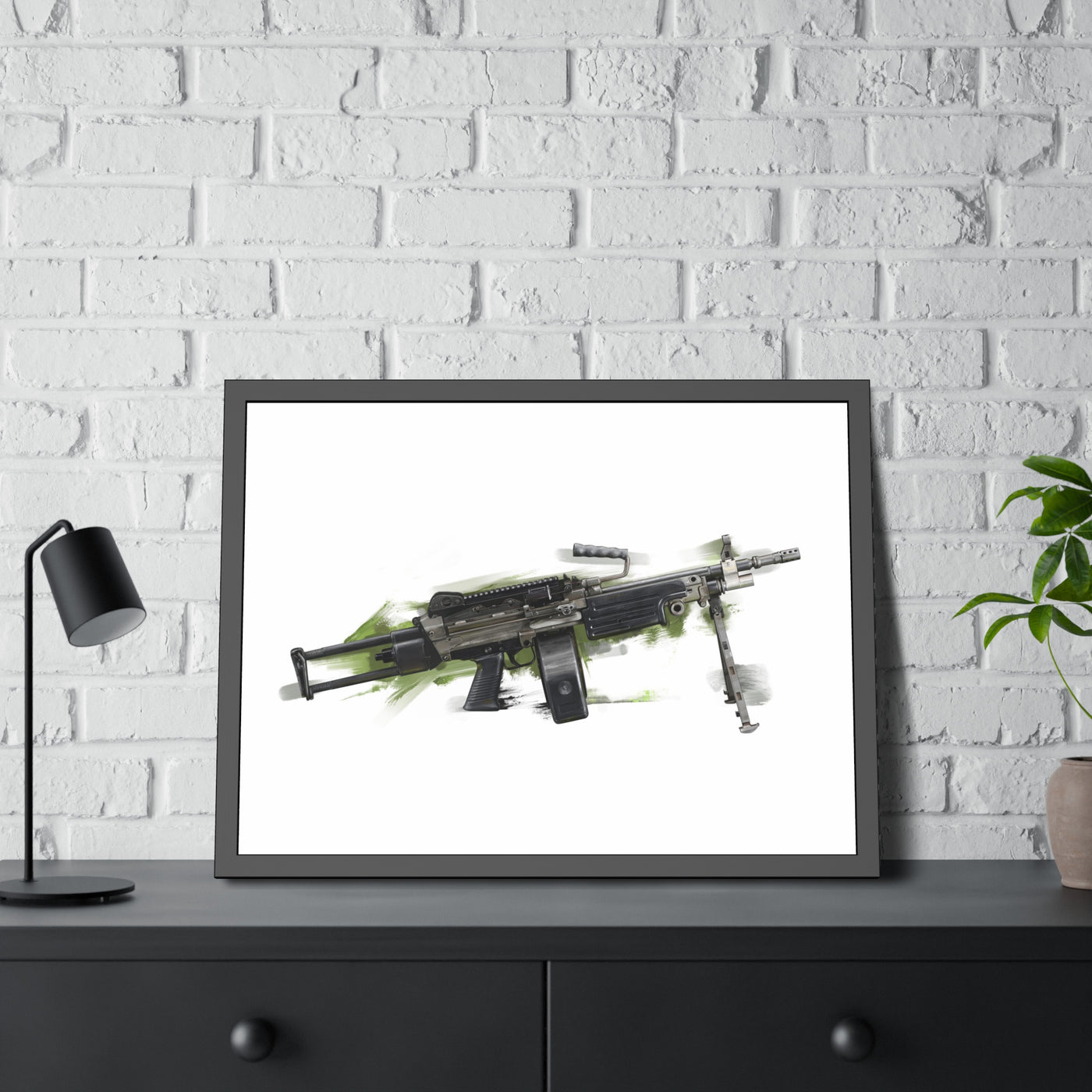 Belt-Fed 5.56x45mm Light Machine Gun Painting - Green Background - Black Frame - Value Collection