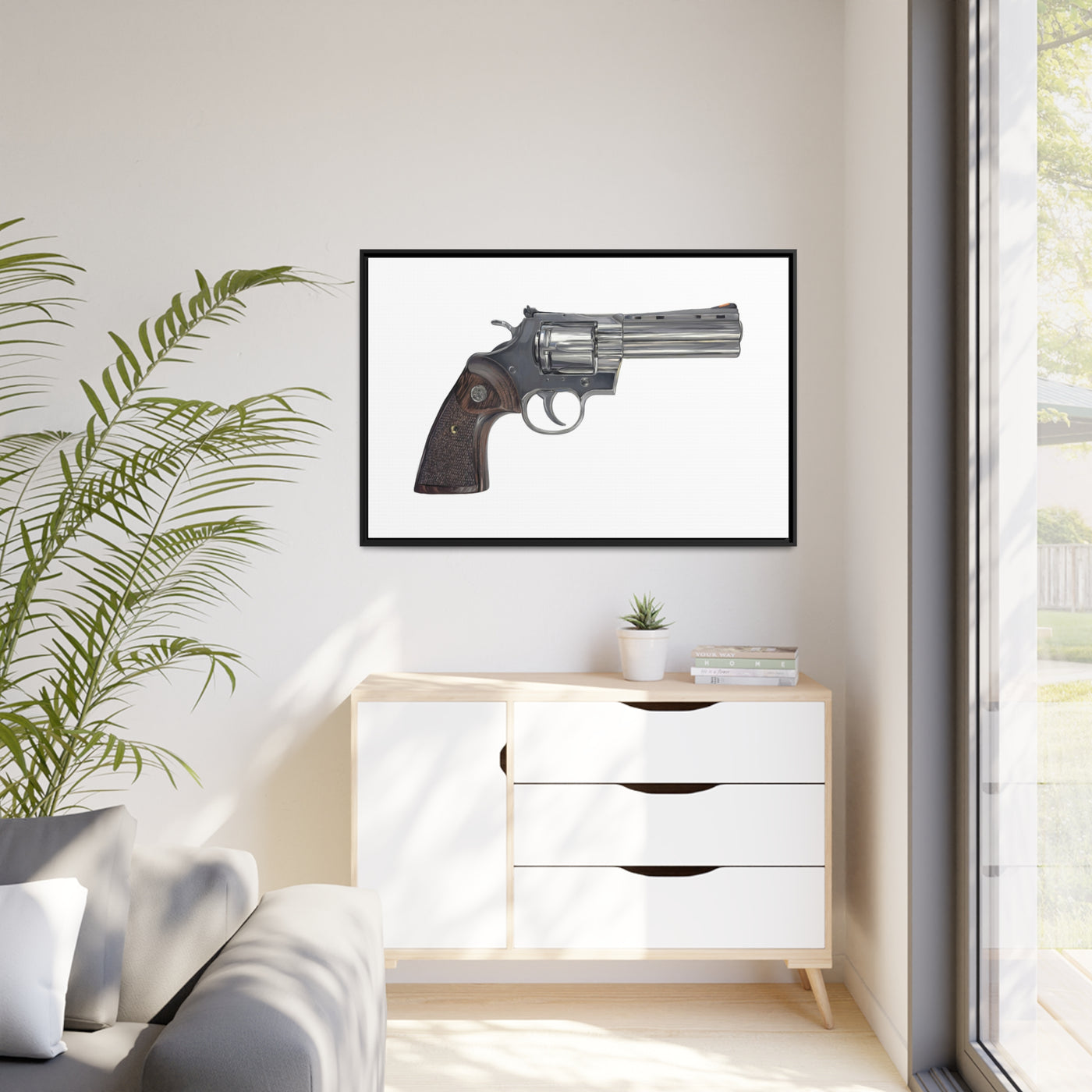 Wood & Stainless .357 Magnum Revolver Painting - Just The Piece - Black Framed Wrapped Canvas - Value Collection