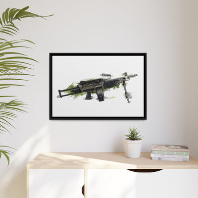 Belt-Fed 5.56x45mm Light Machine Gun Painting - Green Background - Black Framed Wrapped Canvas - Value Collection