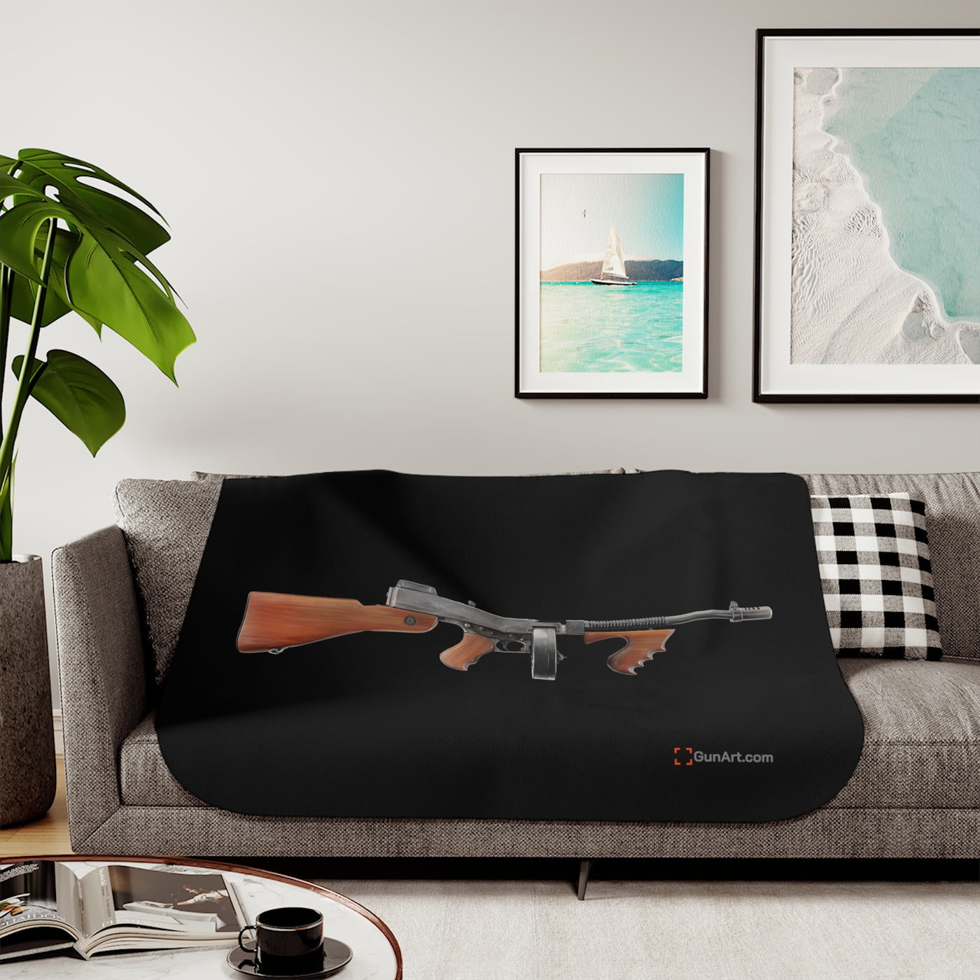 The “OG” Mobster Machine Gun Sherpa Blanket - Black Background - Just The Piece