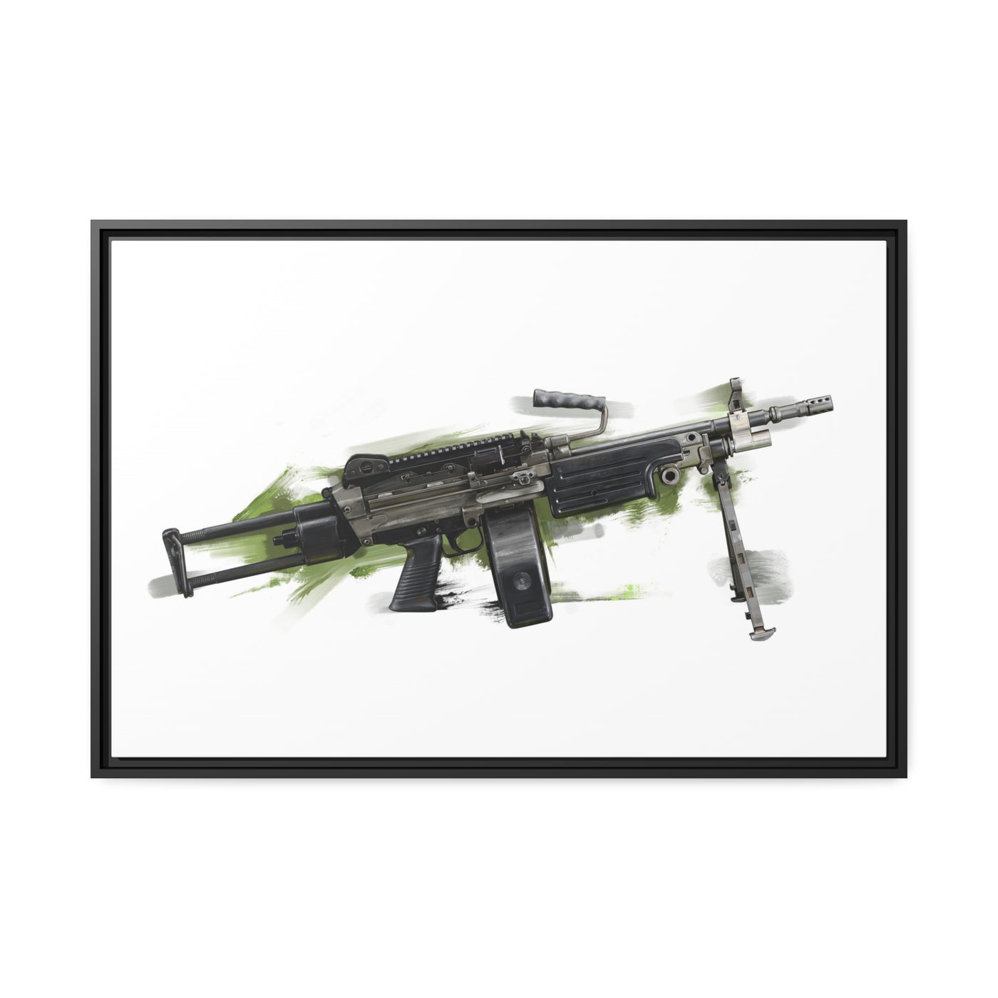 Belt-Fed 5.56x45mm Light Machine Gun Painting - Green Background - Black Framed Wrapped Canvas - Value Collection