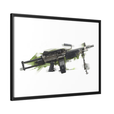 Belt-Fed 5.56x45mm Light Machine Gun Painting - Green Background - Black Framed Wrapped Canvas - Value Collection