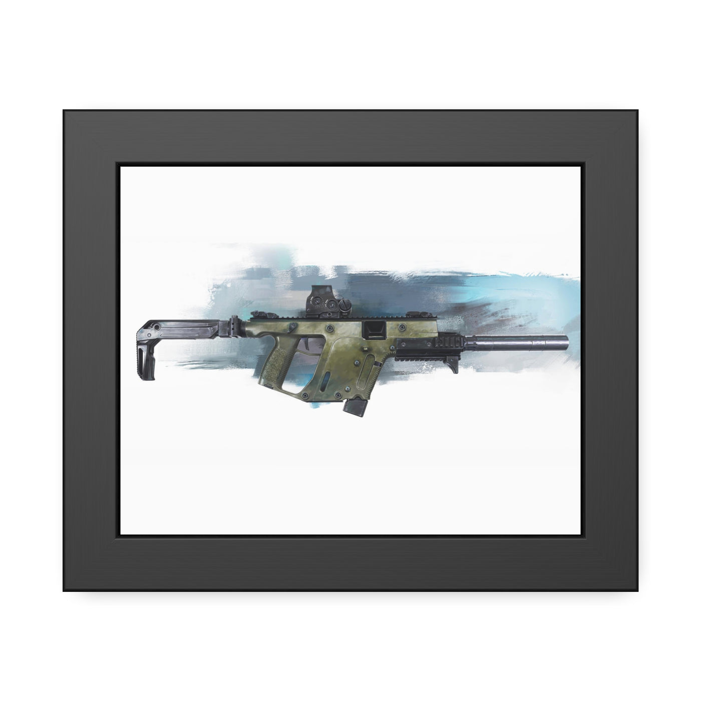 The Vindicator - Suppressed SMG Painting - Blue Background - Black Frame - Value Collection