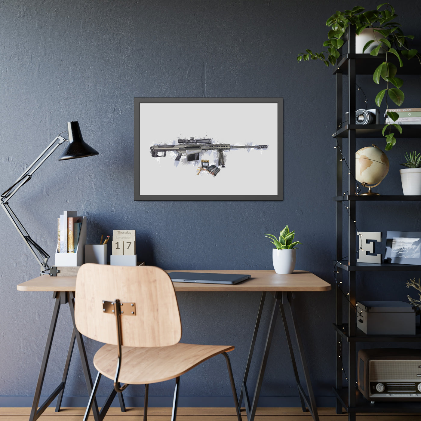 The Long-Range Legend - .50 Cal BMG Rifle Painting - Blue Accents - Black Frame - Value Collection